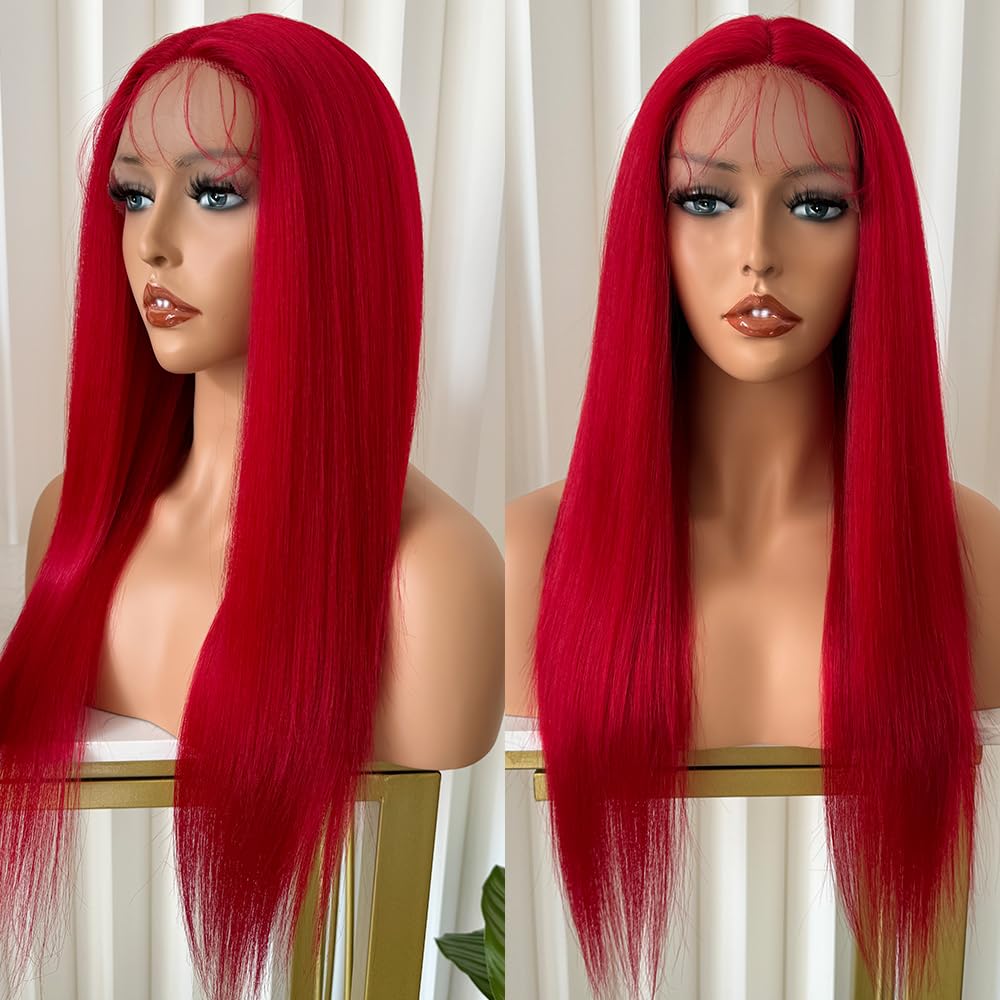 Red Long Straight Synthetic Lace Front Wig - Heat Resistant & Glueless for Women | Perfect for Cosplay, Halloween, and Daily Fashion