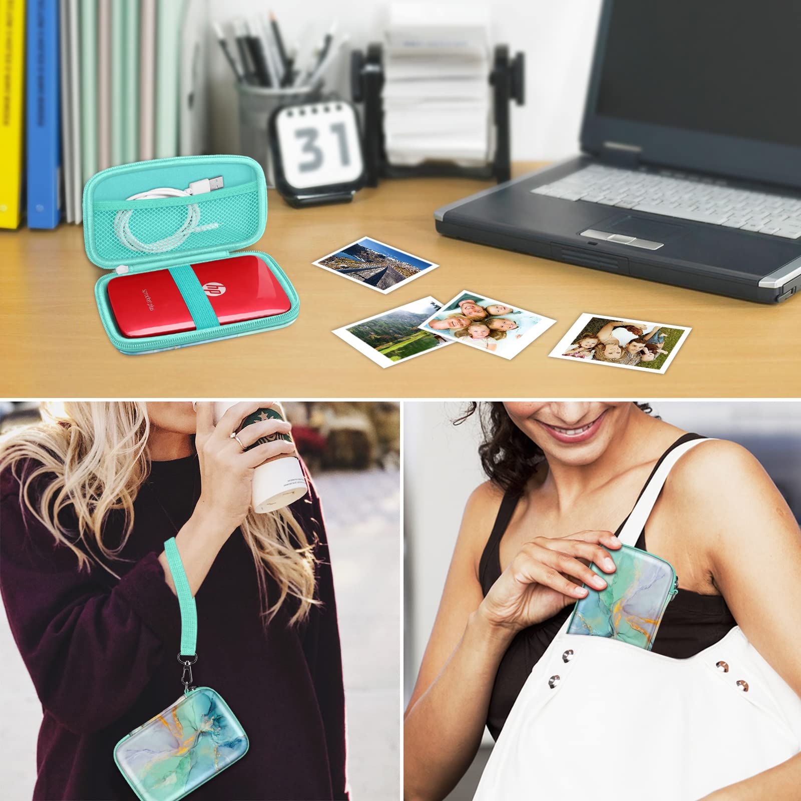 Fintie Shockproof Hard Shell Carrying Case for Fujifilm Instax Mini Link 3/2, HP Sprocket Select/Plus, Canon Ivy CLIQ 2/CLIQ+2 Instant Photo Printers - Emerald Marble Design | Perfect for Travel, Parties & Photo Storage