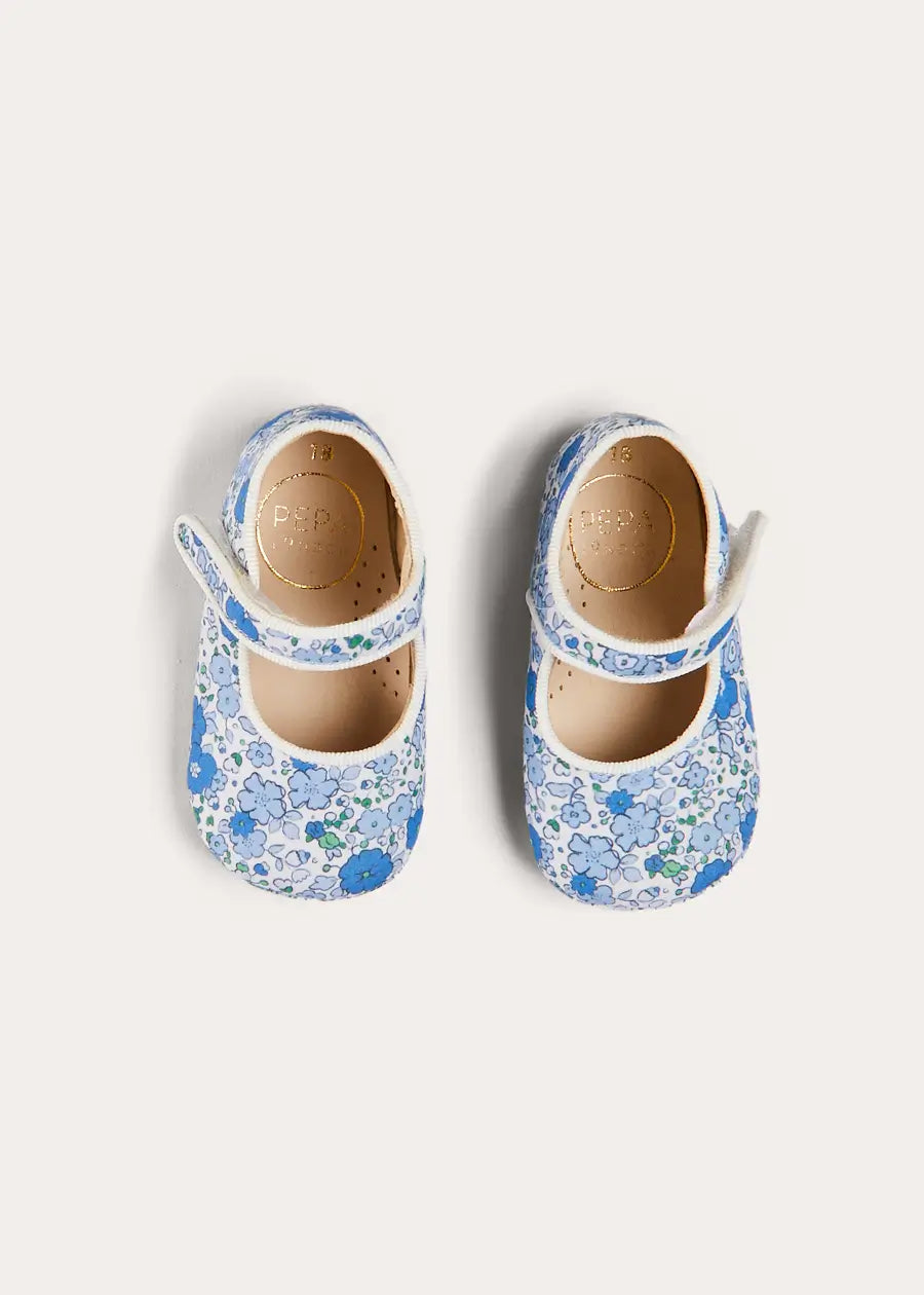 Olivia Floral Mary Jane Pram Shoes for Baby Girls - Soft Blue Leather (Size 17-20 EU) - Perfect for First Walkers, Special Occasions & Photo Shoots