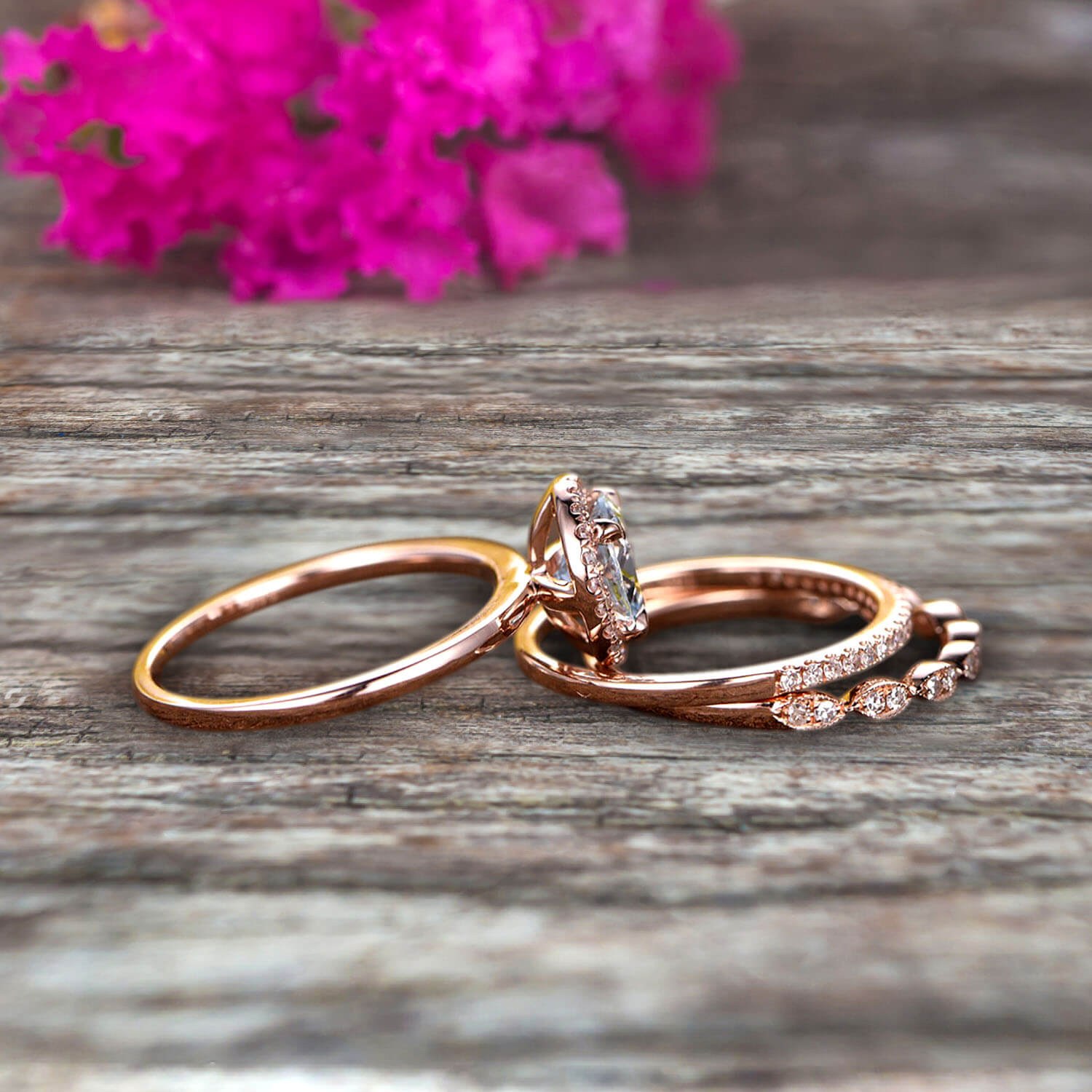 1.75 Carat Round Cut Aquamarine Wedding Ring Set with Moissanite Diamond Matching Band in 10k Rose Gold - Art Deco Trio Set for Anniversary, Engagement & Special Occasions