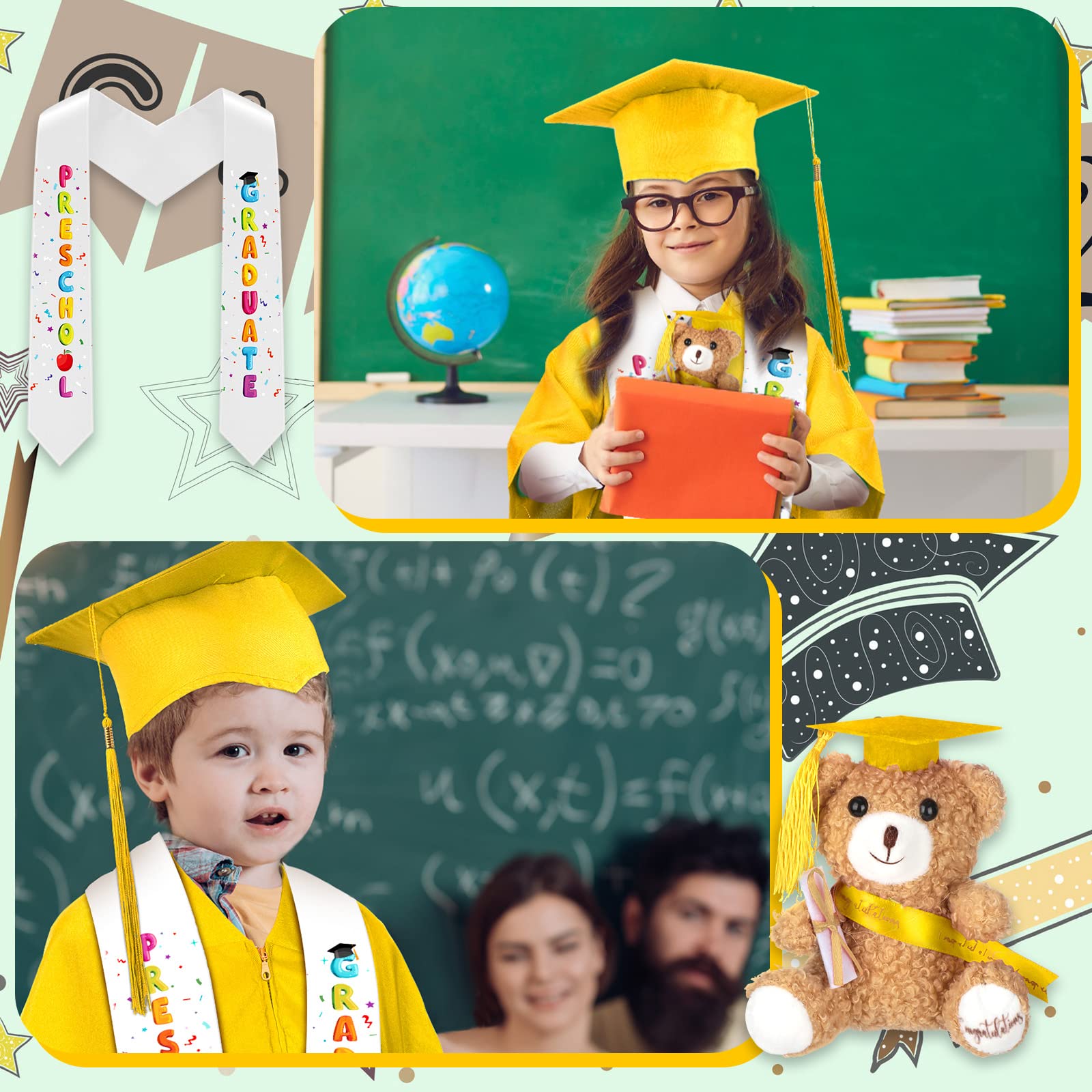 24-Piece Preschool Graduation Cap & Gown Set with Stole and Plush Bear - Bulk Kids Graduation Costumes for Kindergarten Ceremony, Photo Shoot & Party Celebration