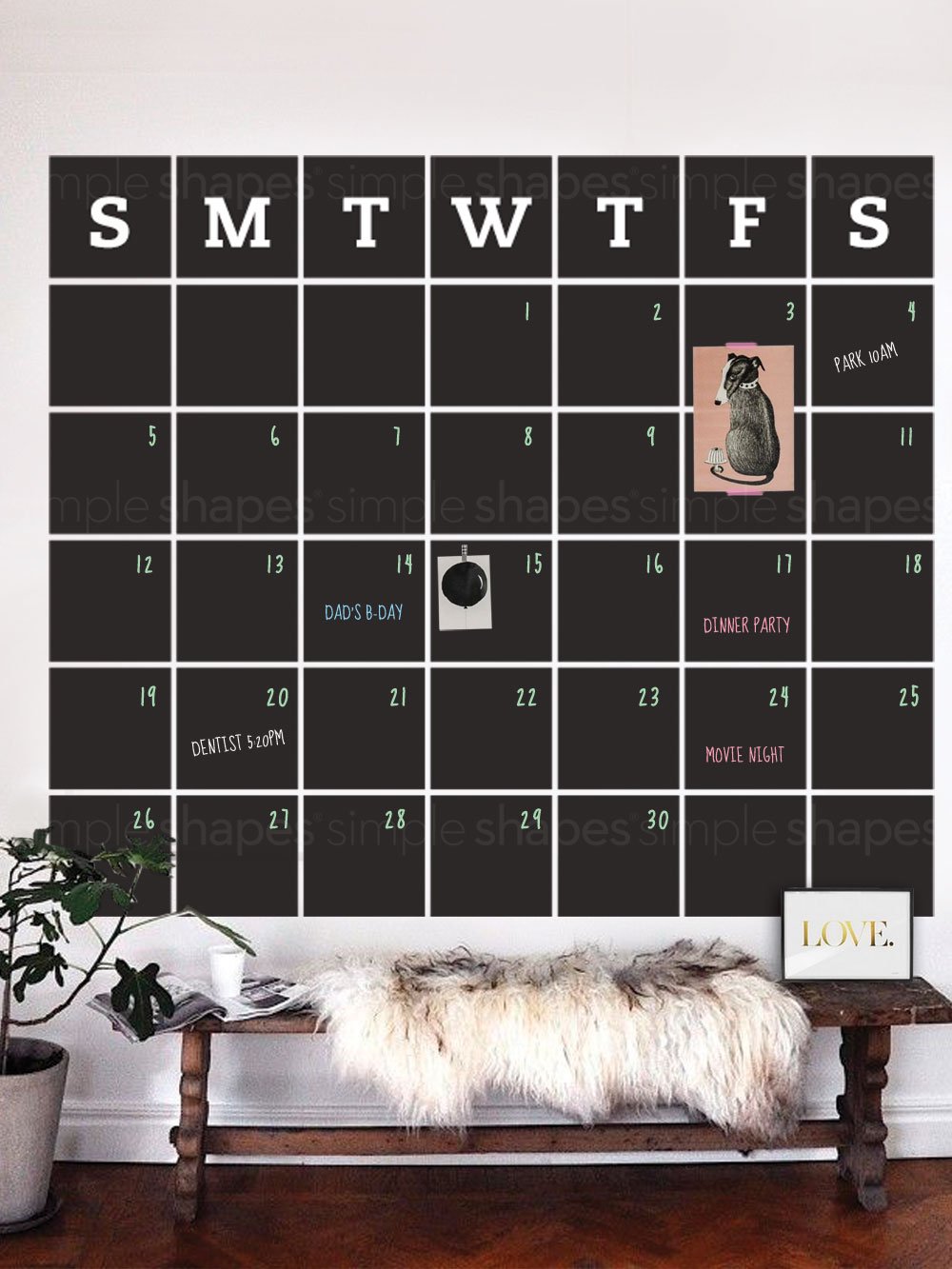 Extra Large Chalkboard Wall Decal Calendar - Reusable Blackboard Calendar for Home, Office & Classroom Organization - Simple Shapes Wall Planner for Daily Scheduling