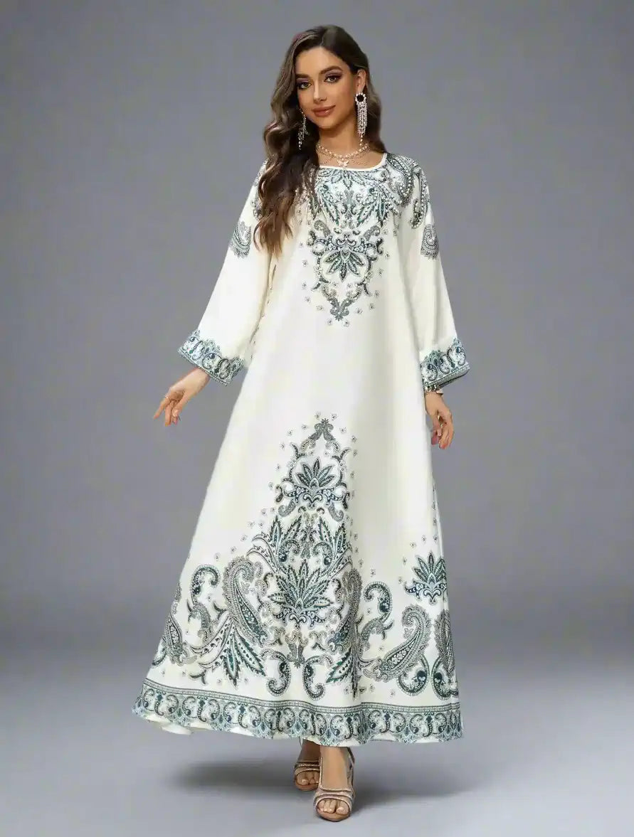 Elegant Hotfix Rhinestone Printed Caftan Kaftan Dress for Women - Eid Party Wear, Summer Beach Cover Up, Boho Maxi Dress #25425