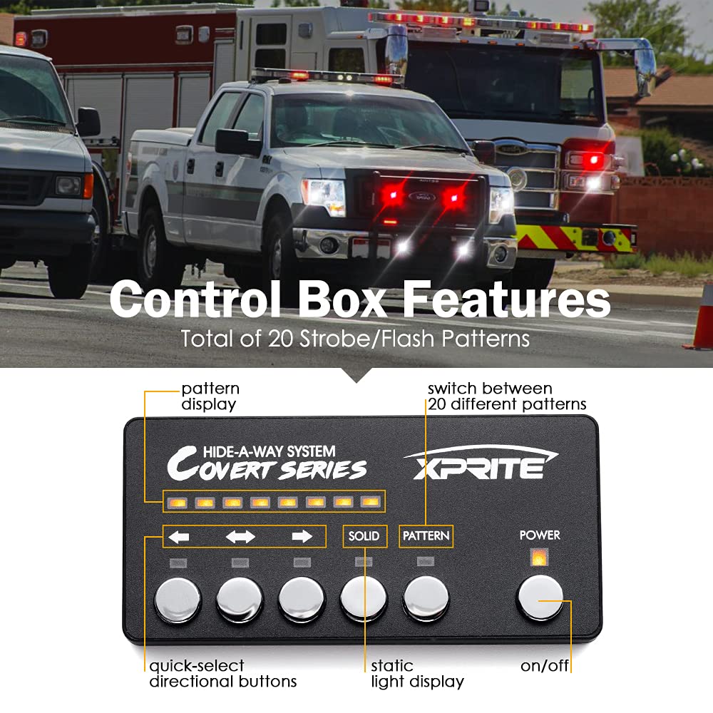 Xprite White & Red LED Hideaway Strobe Lights Kit - 20 Flashing Patterns with Control Panel for Headlights, Taillights & Fog Lights - 8PC Interior Mounting Kit for Emergency Vehicles, Firefighter Cars, Trucks & SUVs - Perfect for Roadside Emergencies, Construction Zones & Security Patrols