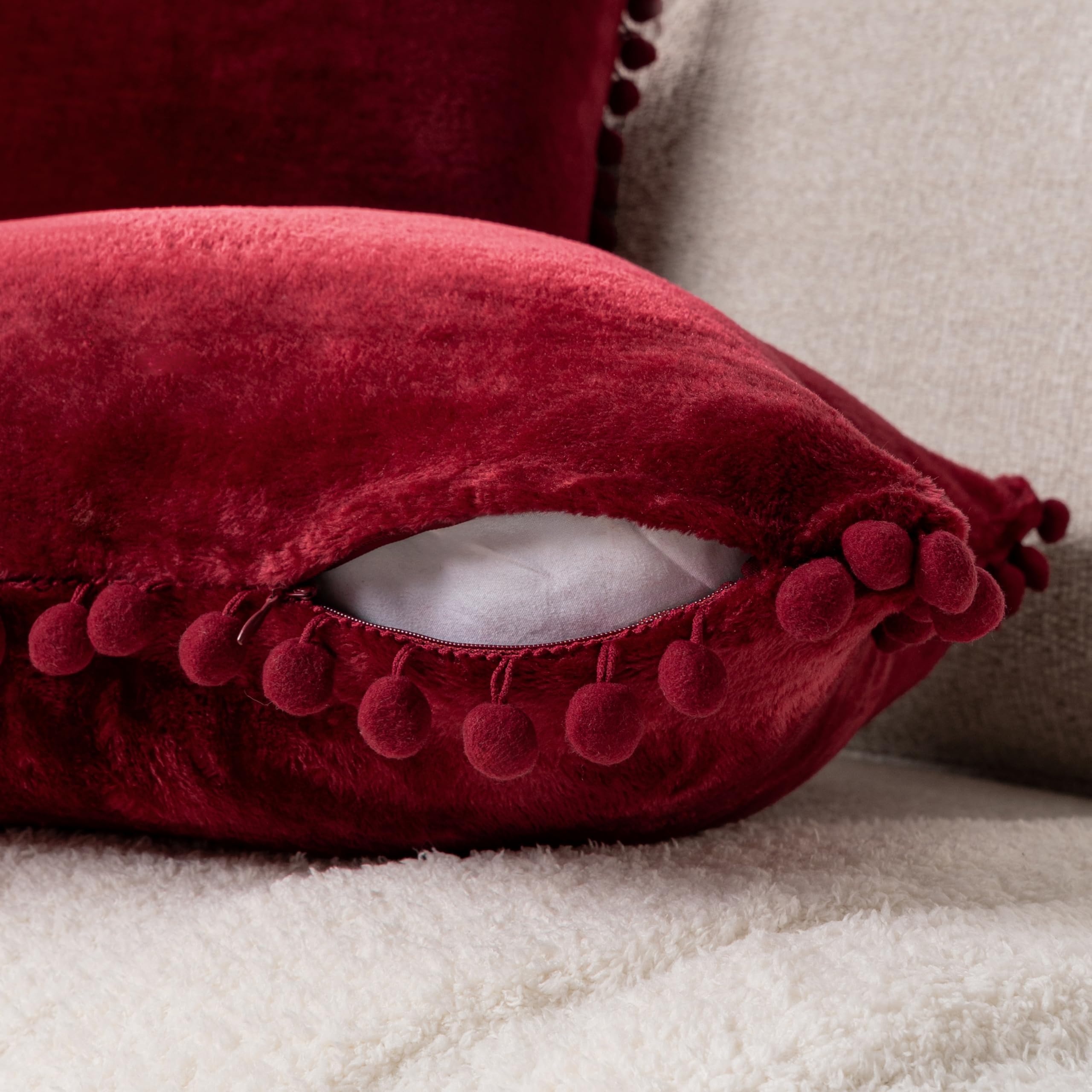 PAVILIA Burgundy Red Velvet Throw Pillow Covers 20x20 Inches - Set of 2 Decorative Pom Pom Pillow Cases for Sofa, Couch & Bedroom Decor | Soft Euro Plush Cushion Covers for Living Room, Bed Aesthetic & Home Styling