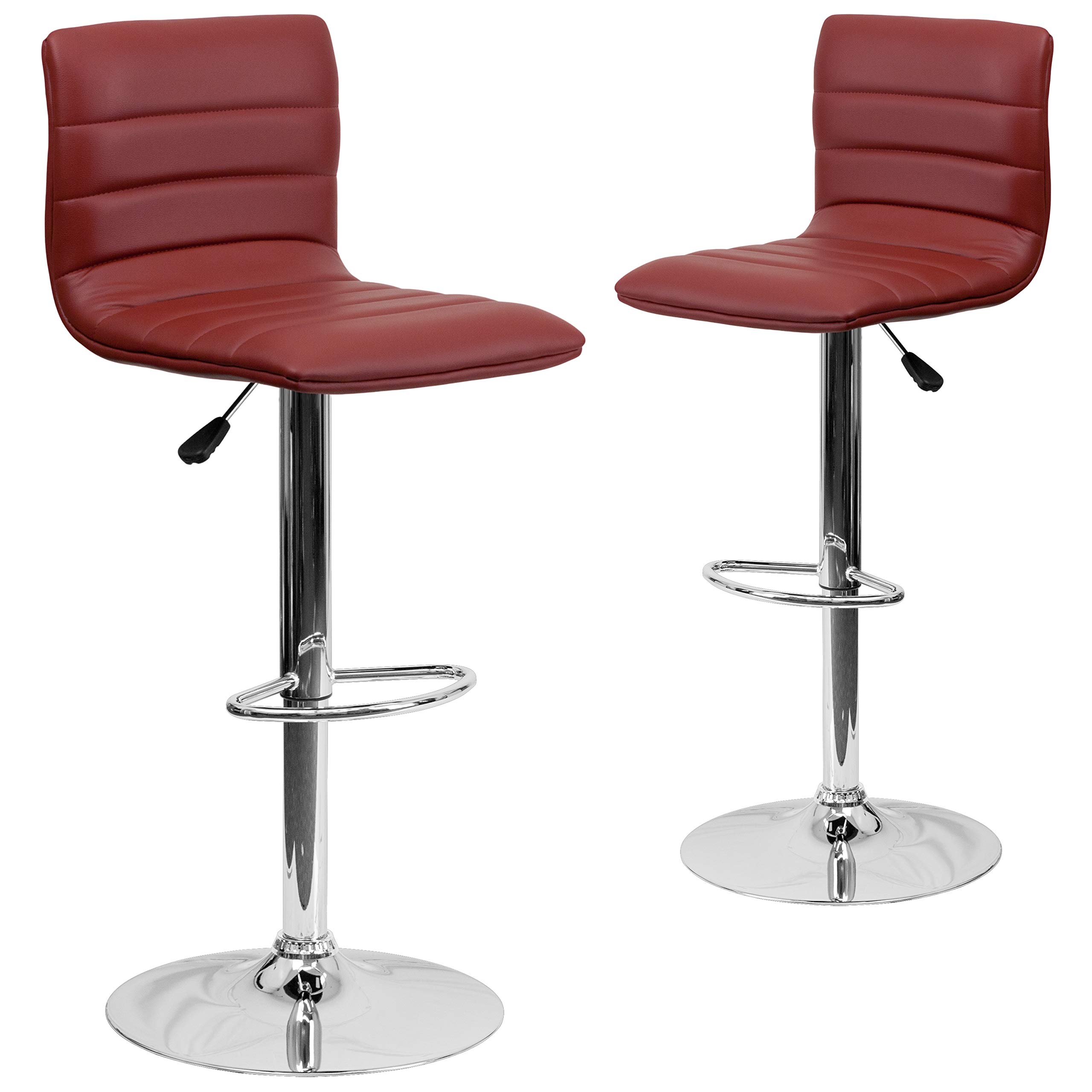 2 Pack Burgundy Vinyl Adjustable Height Bar Stools with Horizontal Stitch Back - Perfect for Kitchen Islands, Breakfast Bars & Home Bars