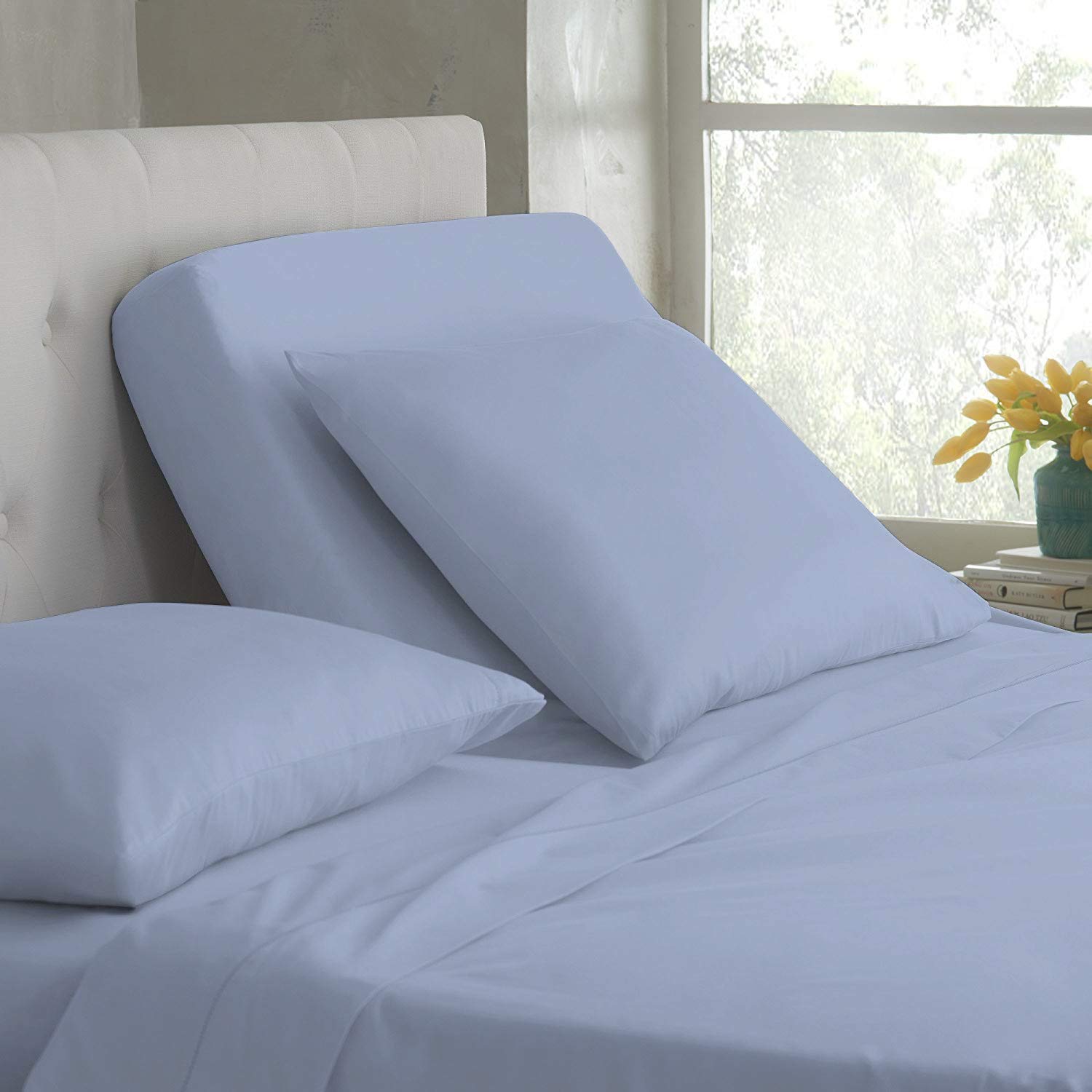 Premium 100% Cotton Split-Top Queen Size Sheet Set - 300 Thread Count Sateen Weave, Sky Blue, 21