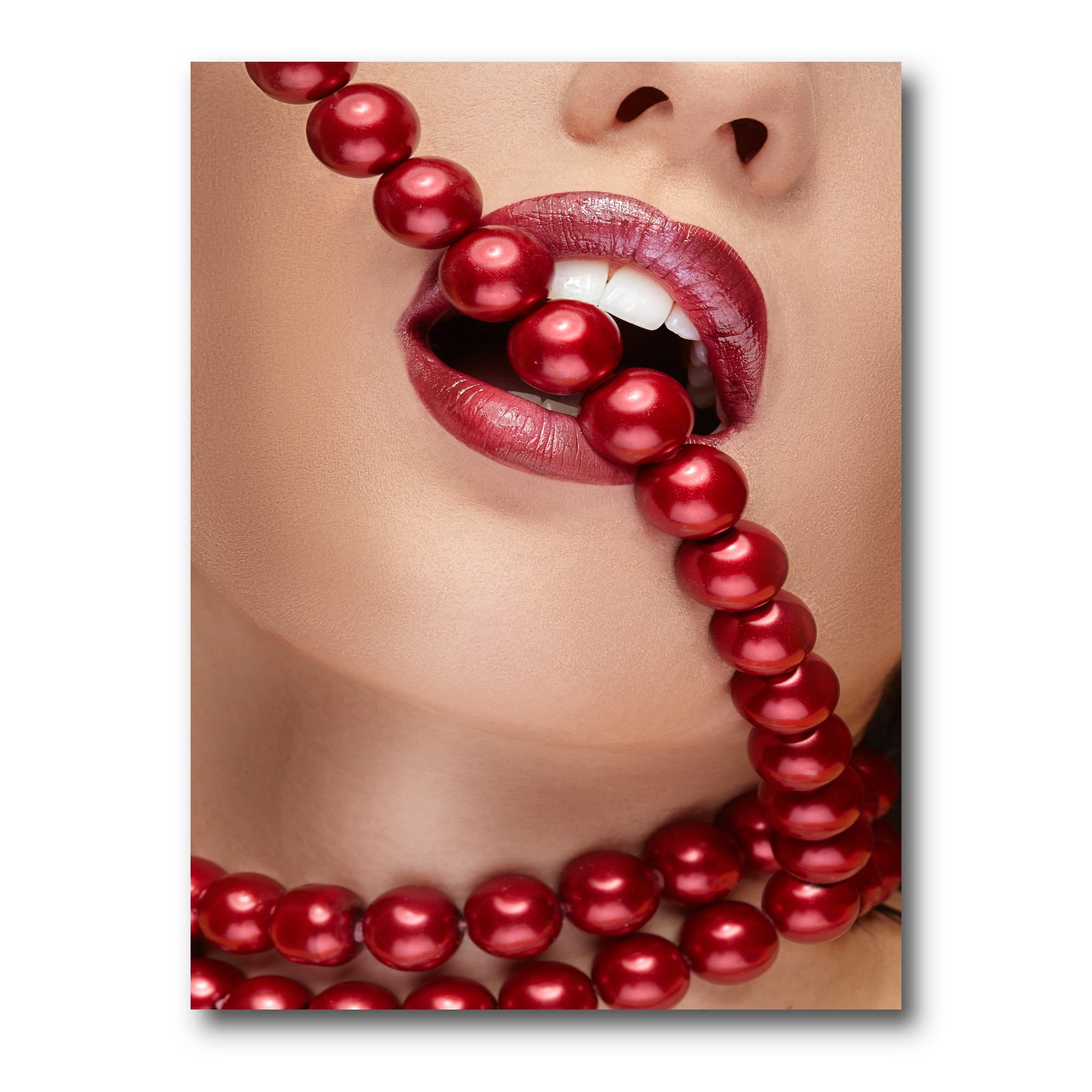 Modern Canvas Wall Art - Woman with Red Lipstick Biting Pearls - Elegant Home Decor for Living Room, Bedroom & Office