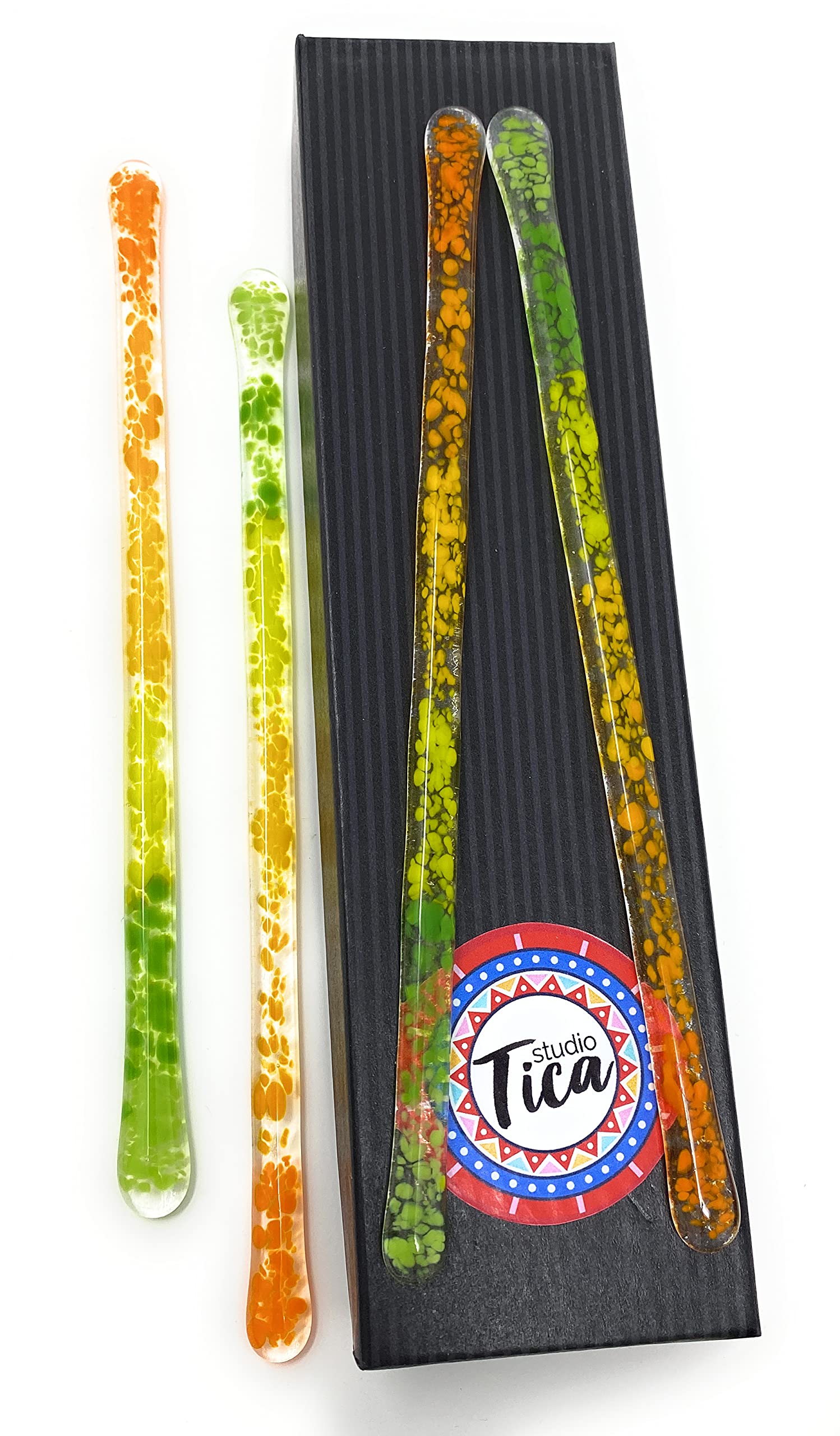 Handmade Glass Stirrers Set of 4 - 7.25 Inch Cocktail & Coffee Stir Sticks with Gift Box - Citrus Sunshine Paradise Collection - Perfect for Mixing Drinks, Iced Coffee & Home Bar Accessories