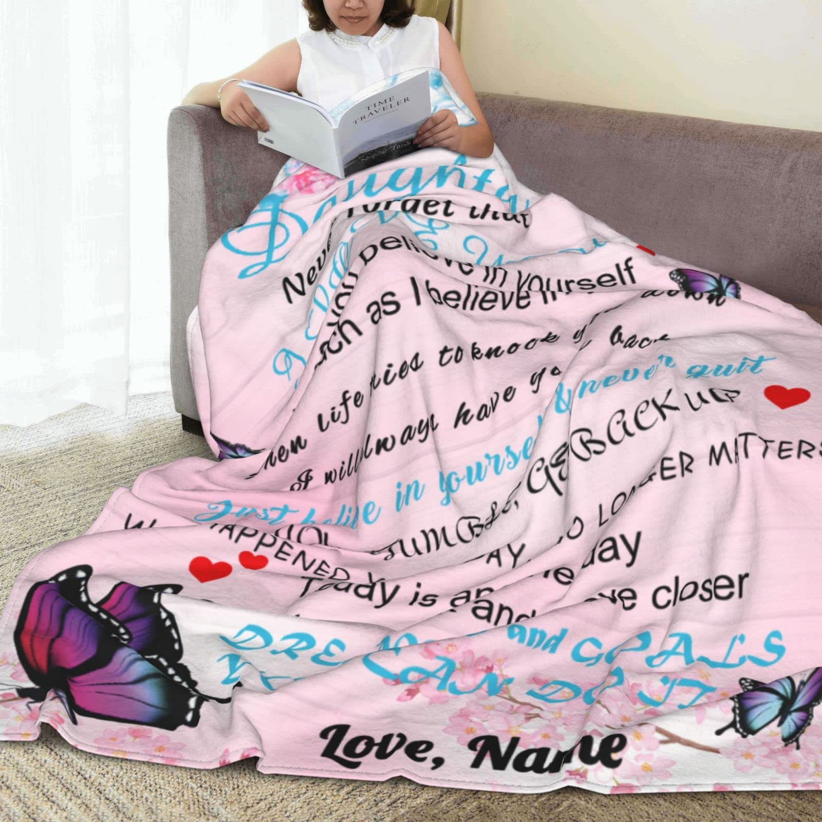Personalized Custom Name Blanket - Love Letter to My Daughter from Dad & Mom - Butterfly Floral Design - 60x80 Inch Bed Throw - Perfect Gift for Birthday, Christmas & Special Occasions