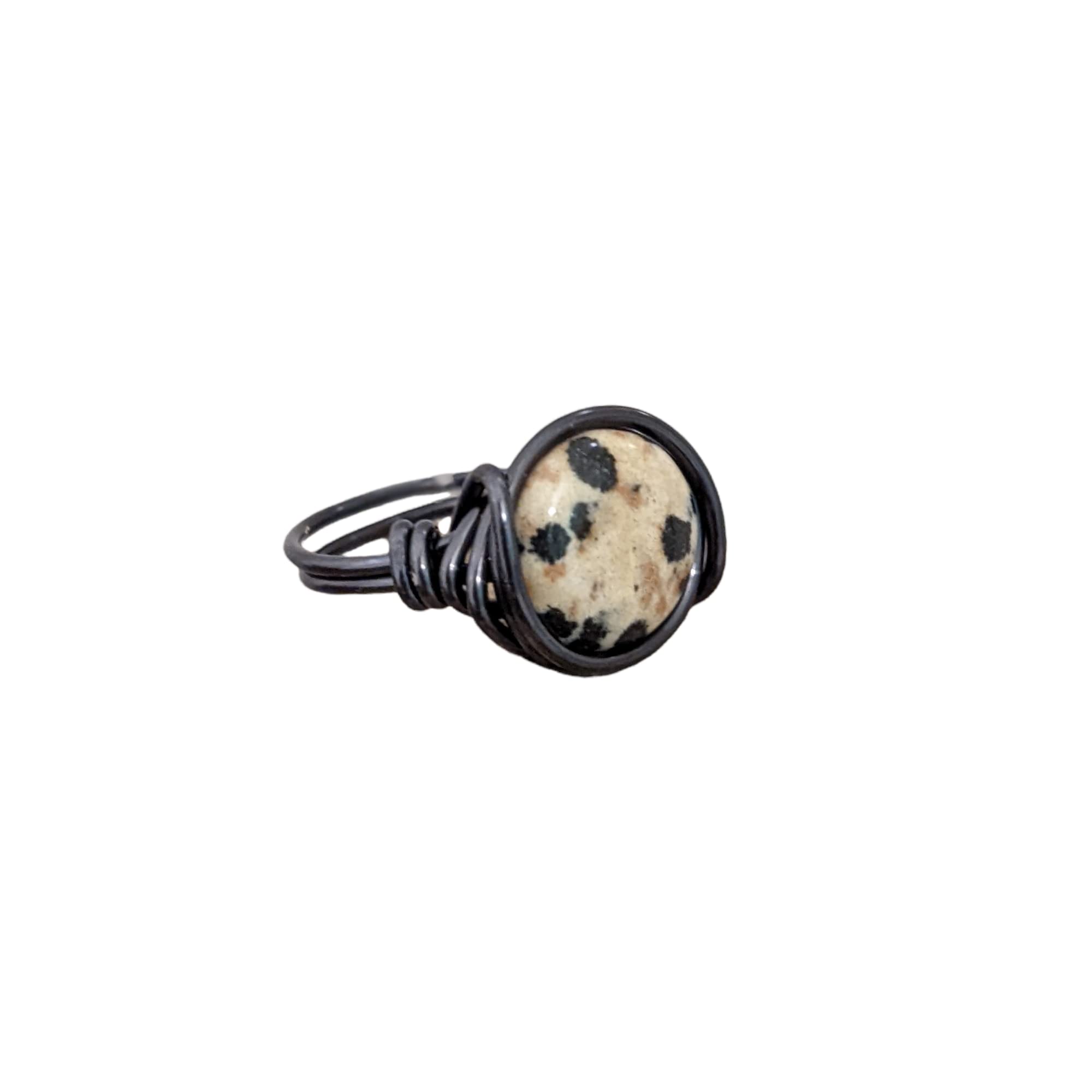 Dalmatian Jasper Ring - Cow Print Jewelry for Women | Wire Wrapped Spotted Ring | Cowgirl Fashion Accessory (Silver Plated, Size 7) | Perfect for Western Outfits, Boho Style & Everyday Wear