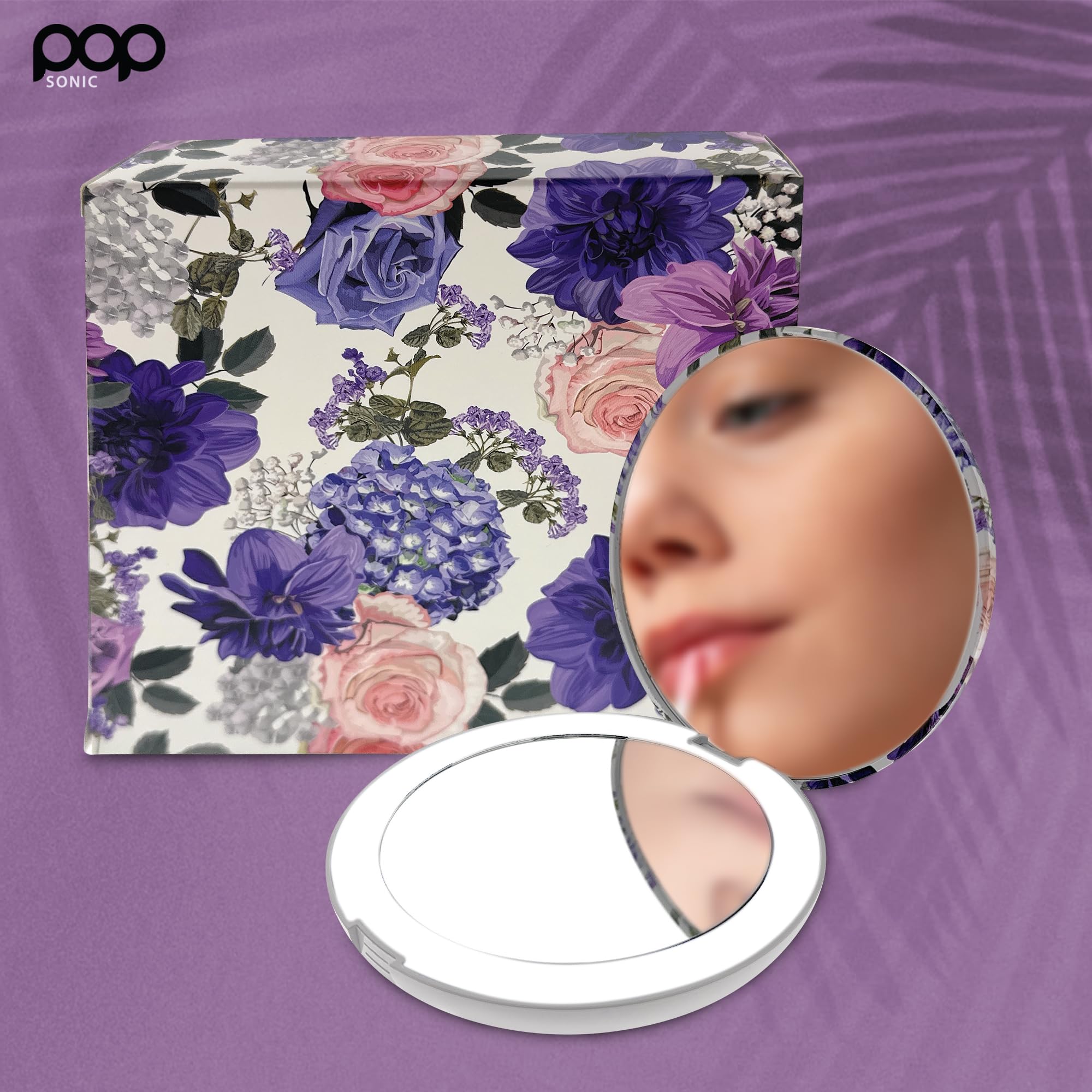 Circle LED Compact Mirror with Adjustable Brightness - 1x/5x Magnifying Travel Makeup Mirror with LED Lights (Floral) - Perfect for Home, Travel & Professional Makeup Application