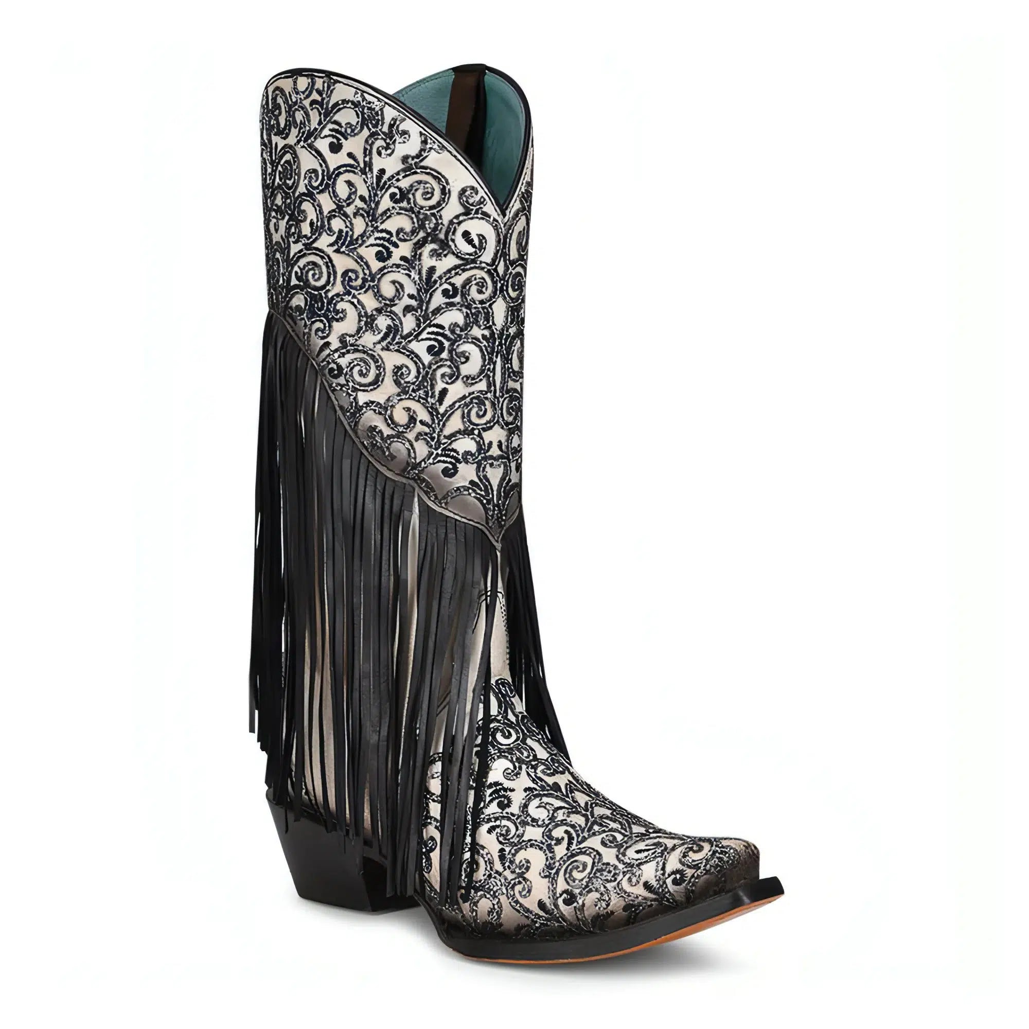 Women's Black & White Western Cowgirl Leather Fringe Boots - M Corral Style | Comfortable & Stylish for Rodeo, Country Dancing & Fashion Outfits