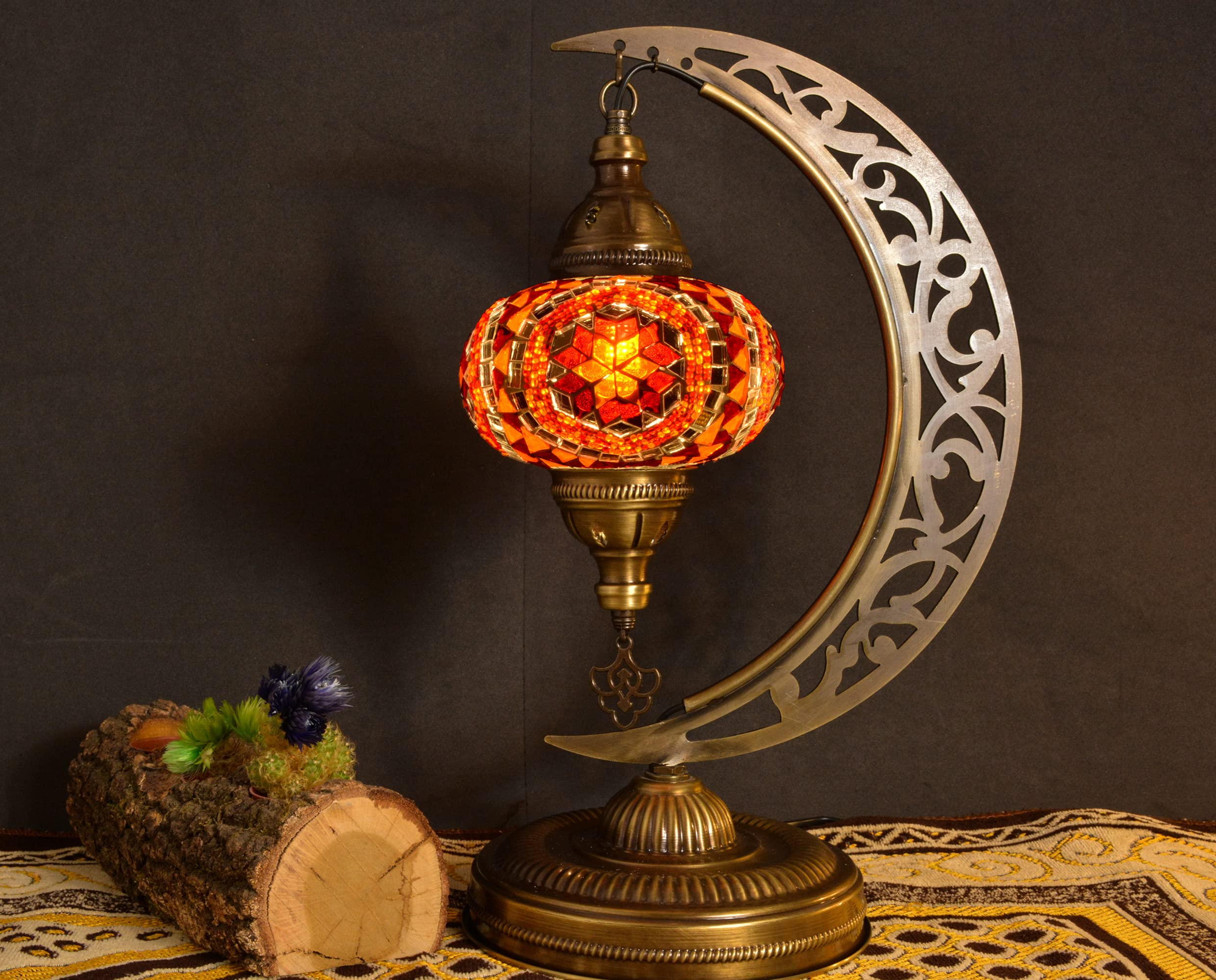 Handmade Turkish Mosaic Crescent Moon Table Lamp - Moroccan Boho Farmhouse Decor with E12 Socket & US Plug (Orange & Red) | Perfect for Bedroom Nightstand, Living Room Accent Lighting & Cozy Home Decor