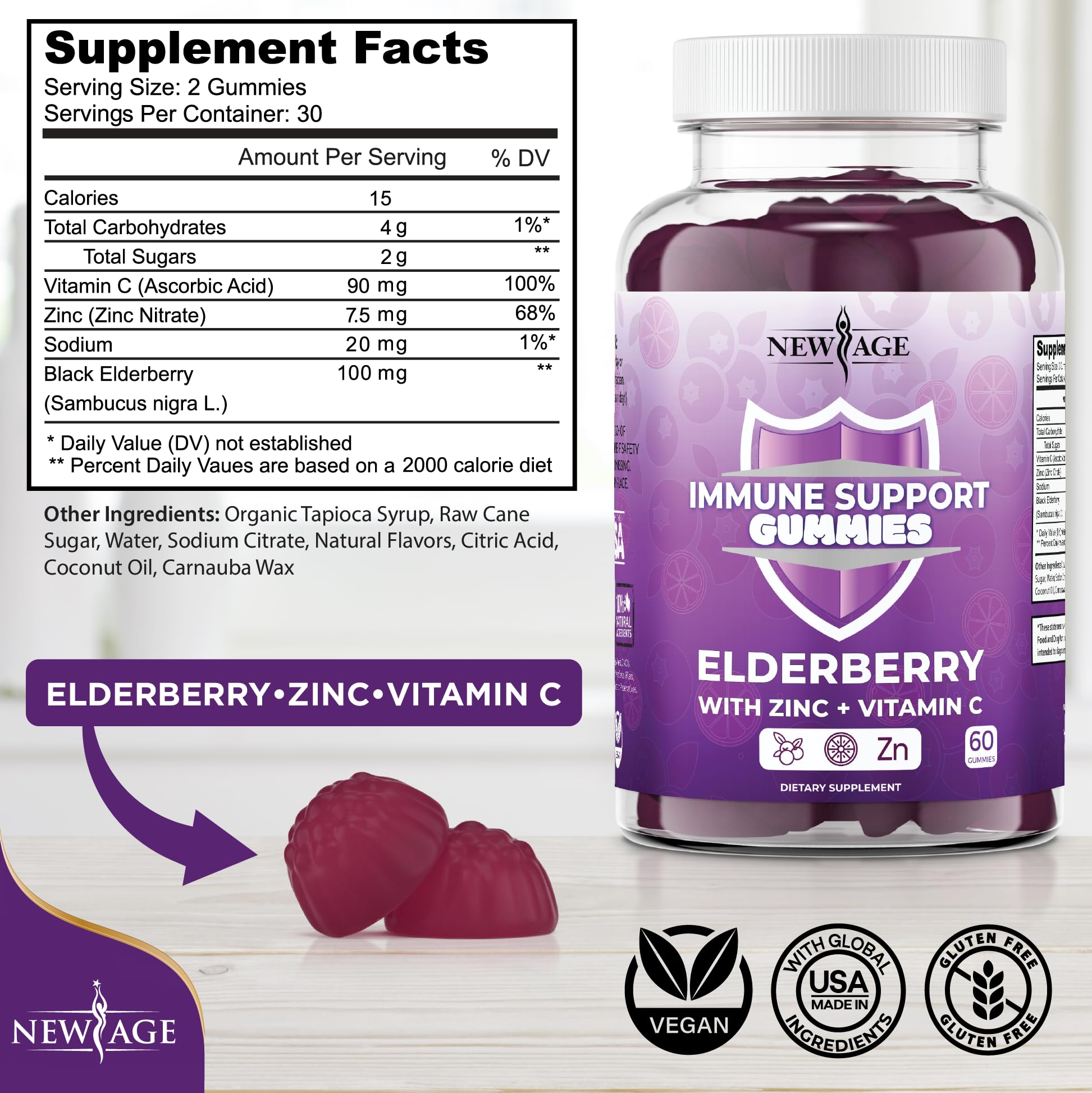 NEW AGE Immune System Support Gummies - Sambucus Black Elderberry Gummies with Vitamin C & Zinc for Immunity Boost (120 Count) | Daily Immune Support Supplement for Adults & Kids | Perfect for Cold & Flu Season