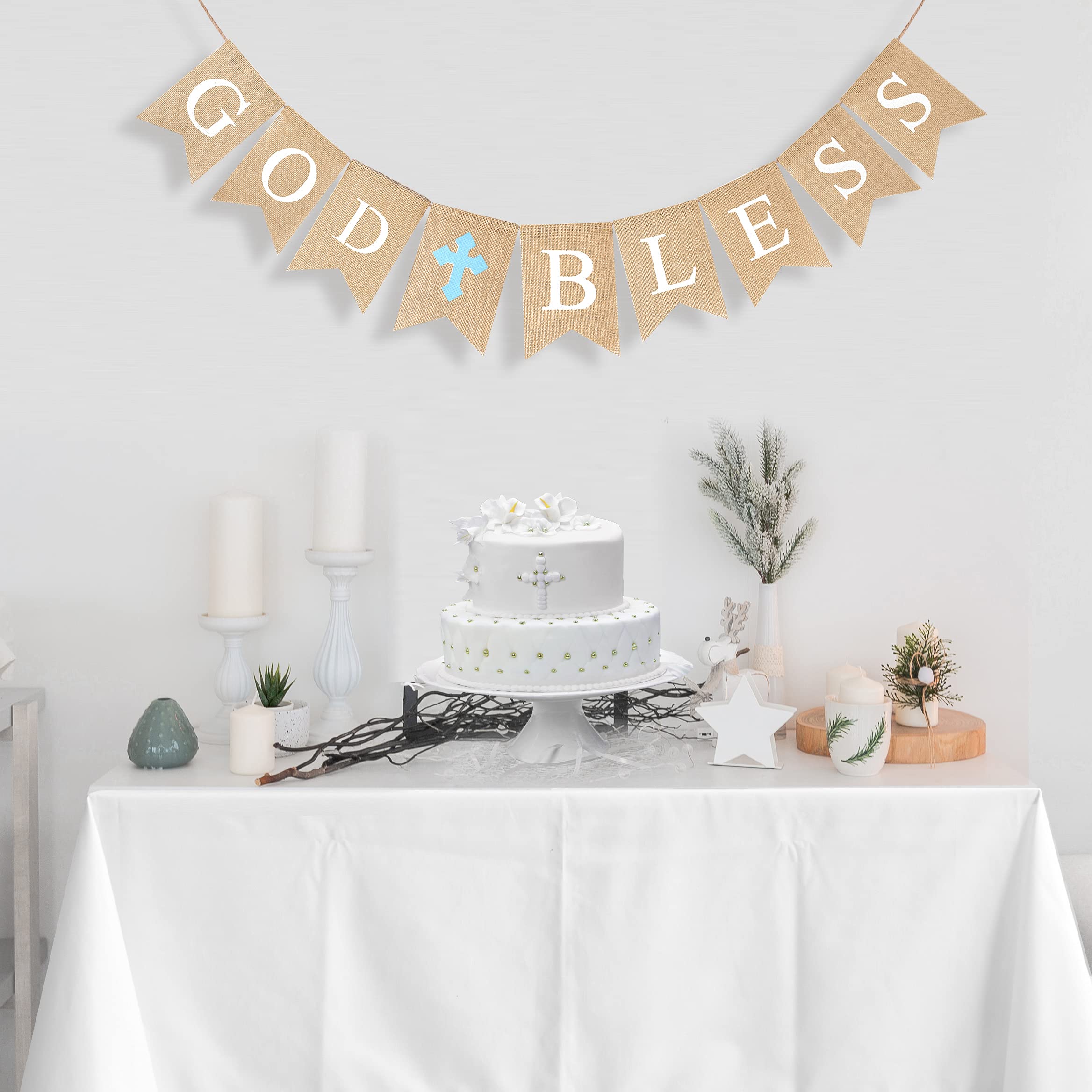 CHRORINE God Bless Banner - Blue Baptism & First Communion Decorations for Boys, Confirmation Party Supplies | Perfect for Church Events, Baptism Celebrations & Religious Gatherings