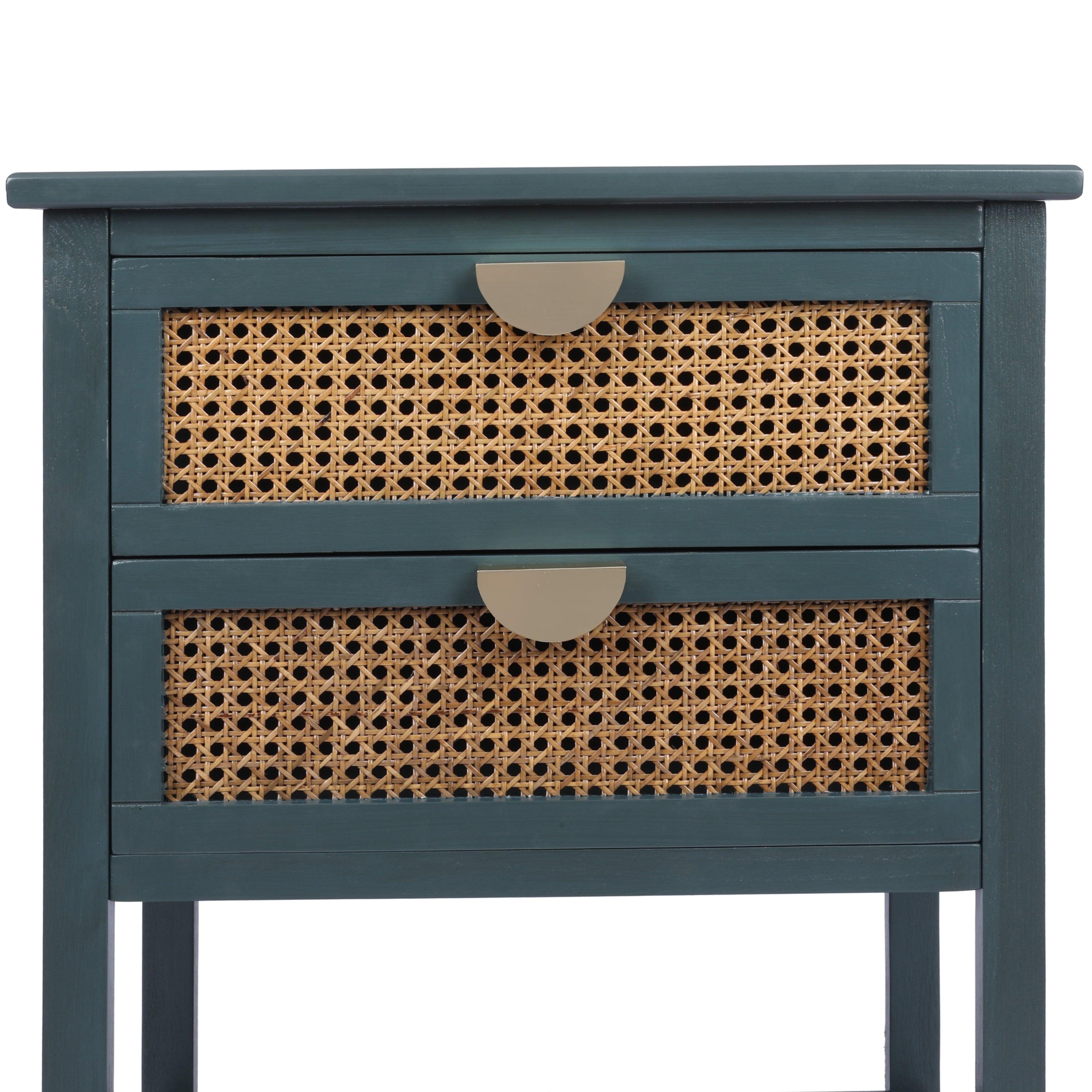 2 Drawer Rattan Side Table - Natural Woven End Table for Bedroom, Living Room, Study - Perfect Nightstand & Coffee Table for Small Spaces