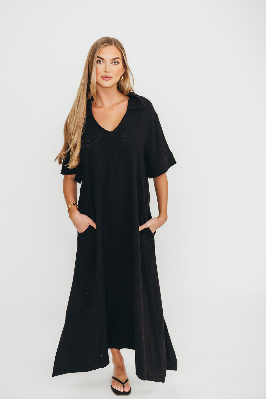 Fallon Black Linen Blend Collared Midi Dress - Bump Friendly Maternity Wear for Work, Parties & Special Occasions