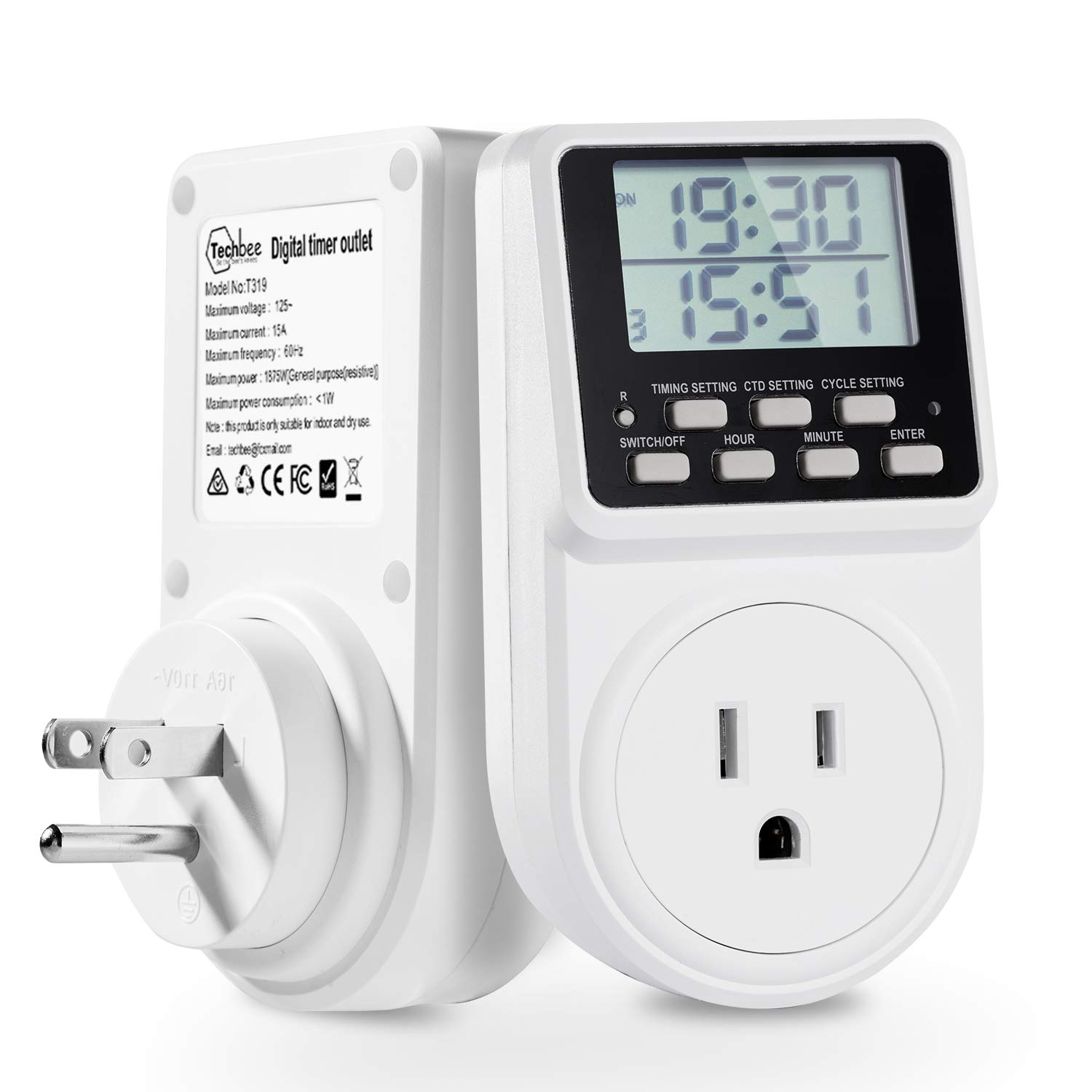 Techbee Digital Programmable Outlet Timer Plug - 24 Hour Countdown, 15A/120V Indoor Electrical Timer Switch with ON/OFF Delay & Repeat Cycle - Perfect for Holiday Lights, Aquariums, and Home Appliances