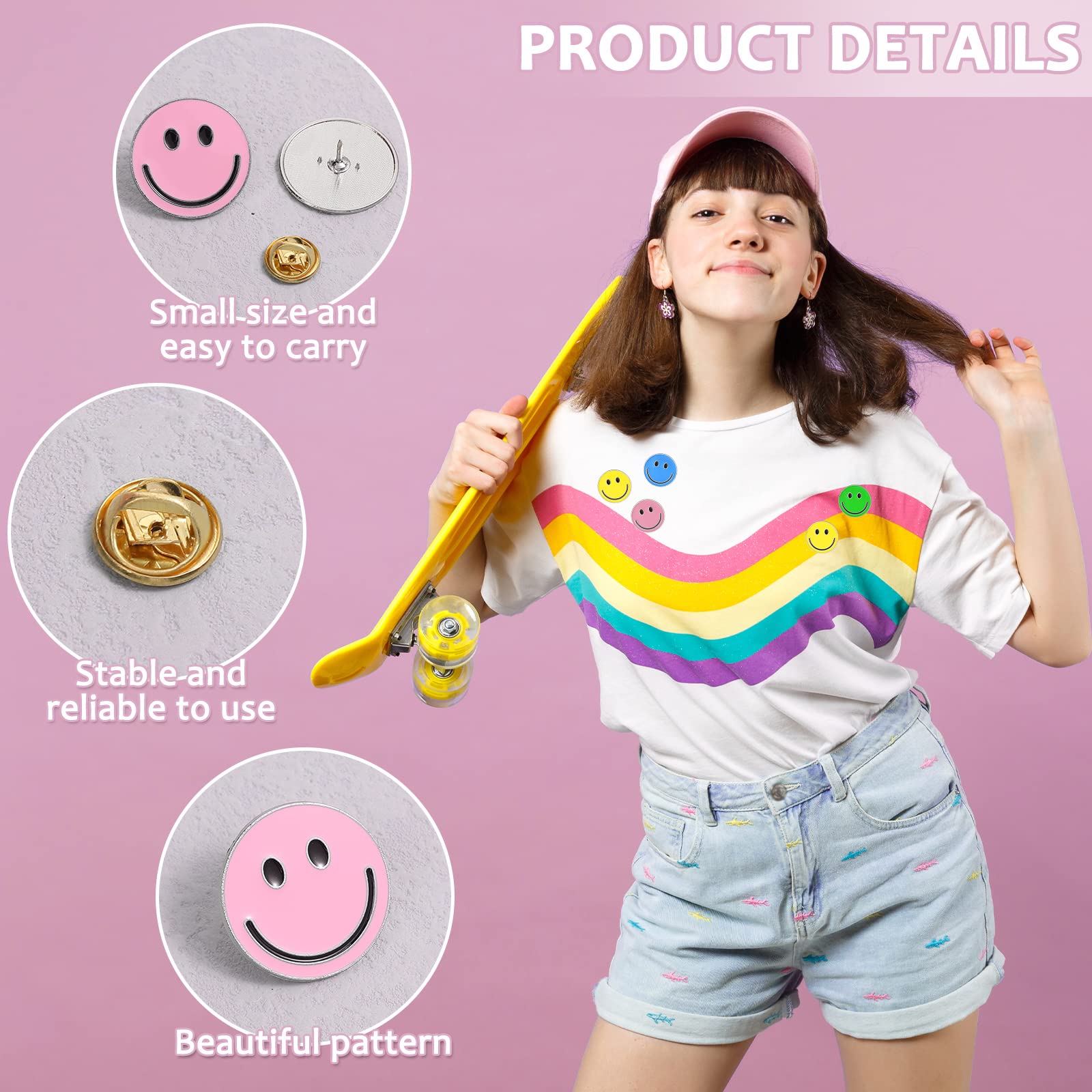 60 Pack Happy Face Lapel Pins Bulk - Cute Smiley Pinback Buttons for Teachers, Students & Kids - Funny Badges for Clothes, Backpacks, Jackets & Accessories (Blue, Pink, Orange, Yellow, Green, Purple) - Perfect for Classroom Rewards, Party Favors & Gifts