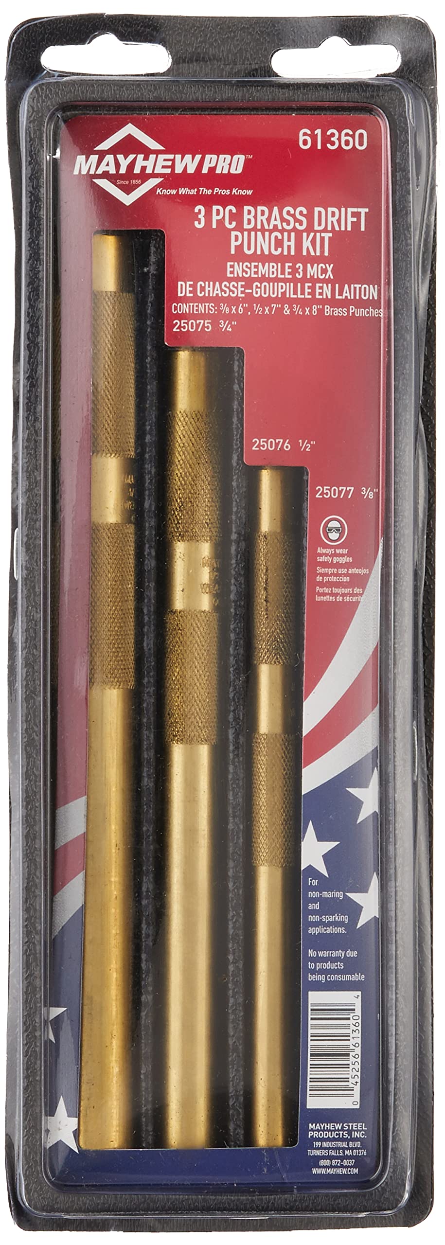 Mayhew Tools 15-Piece Brass Pin Punch and Drift Punch Set - Professional Metalworking & Woodworking Tool Kit for Automotive, Carpentry, and DIY Projects