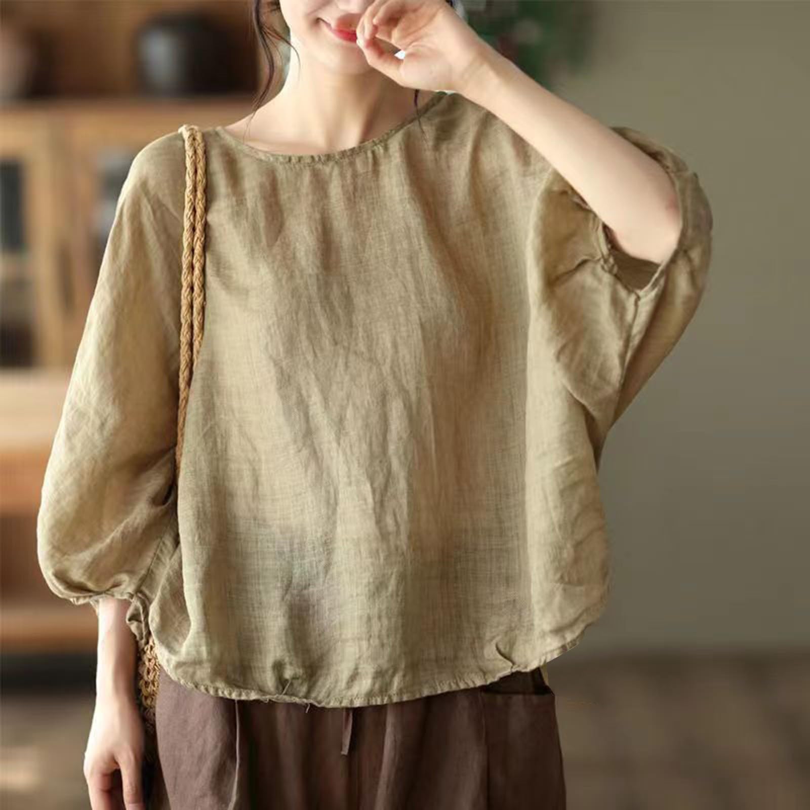 Women's 3/4 Sleeve Floral Print Linen Tunic Top - Casual Crew Neck Loose Blouse for Spring & Summer Outfits, Beach Cover-Up, and Boho Style Fashion