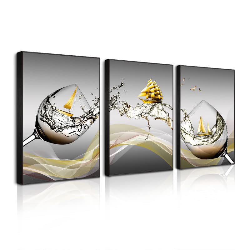 3-Piece Canvas Wall Art Set - Modern Wine Glass Artwork for Dining Room, Kitchen & Living Room Decor - Aluminum Alloy Framed Picture Perfect for Home, Restaurant & Office Decoration