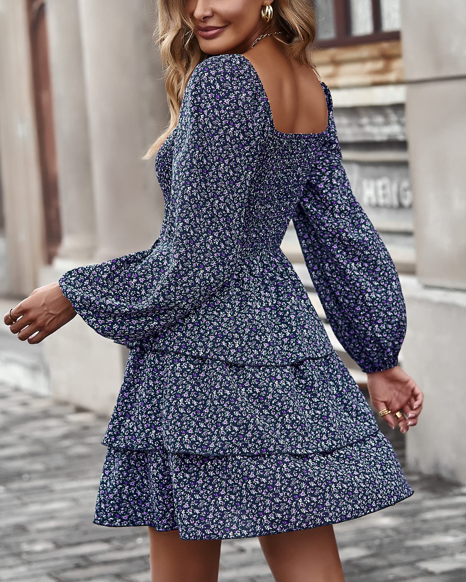 BTFBM Women's Floral Swiss Dot Square Neck Smocked Mini Dress - Long Sleeve Boho Wedding Guest Dress for Spring & Summer 2025 | Perfect for Garden Parties, Bridal Showers & Date Nights