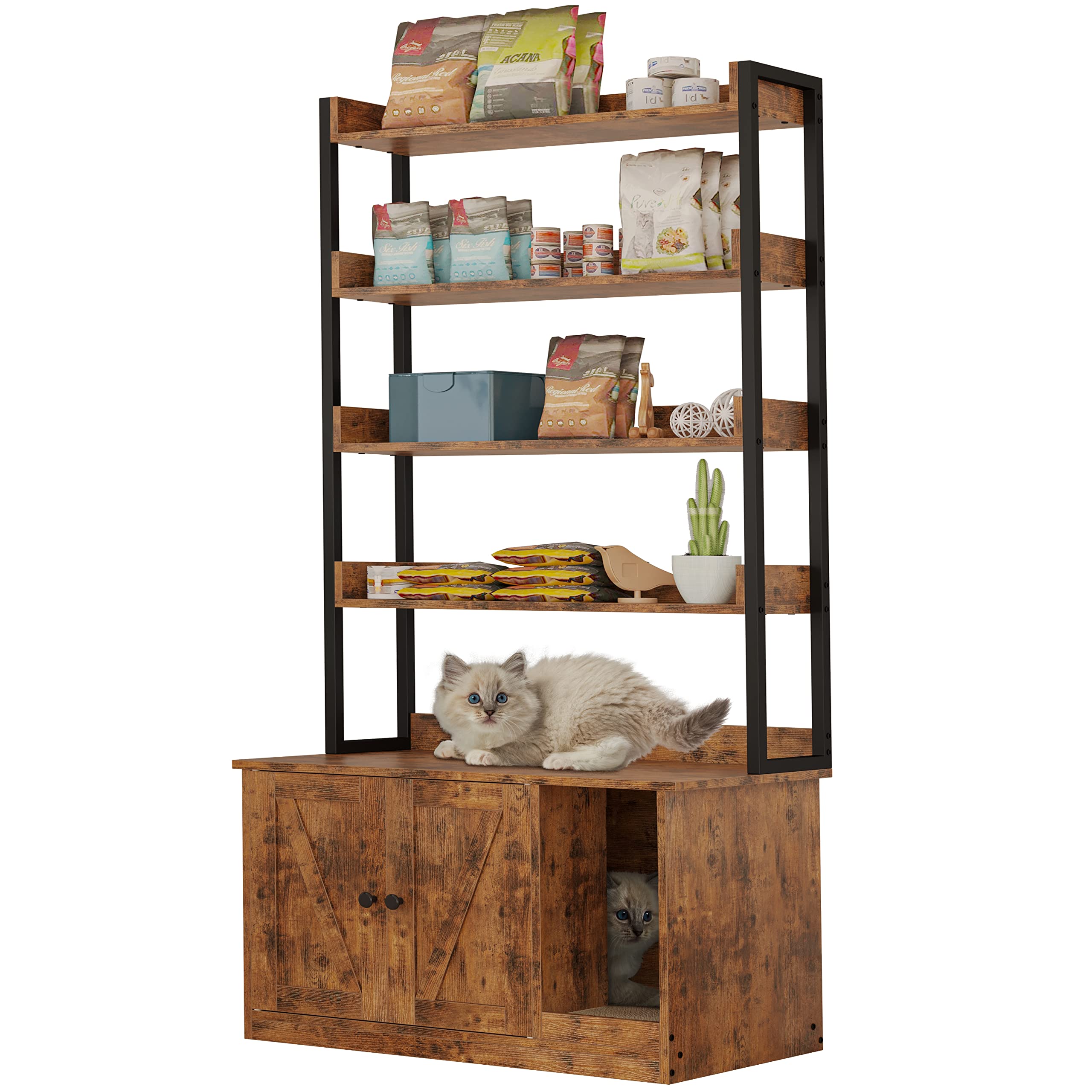 IRONCK Large Wooden Cat Litter Box Enclosure with 4 Shelves & Doors - Hidden Litter Box Furniture with Storage & Scratch Protection - Fits Most Litter Boxes - Vintage Brown - Perfect for Living Room, Bedroom or Home Office Décor