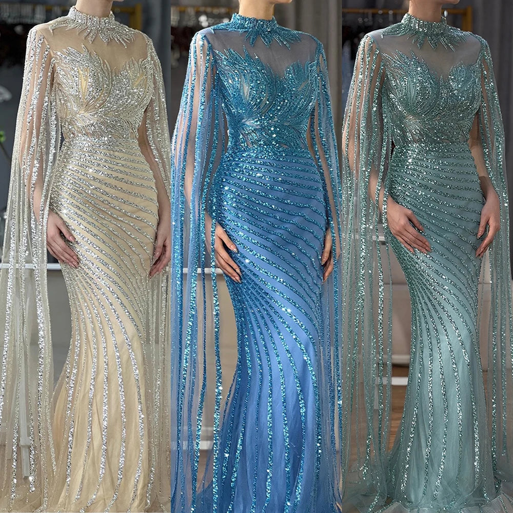 Luxury Dubai Arabic Nude Mermaid Cape Sleeves Lace Beaded Long Evening Dress Gown for Formal Occasions - Perfect for Weddings, Galas & Red Carpet Events LA71885B