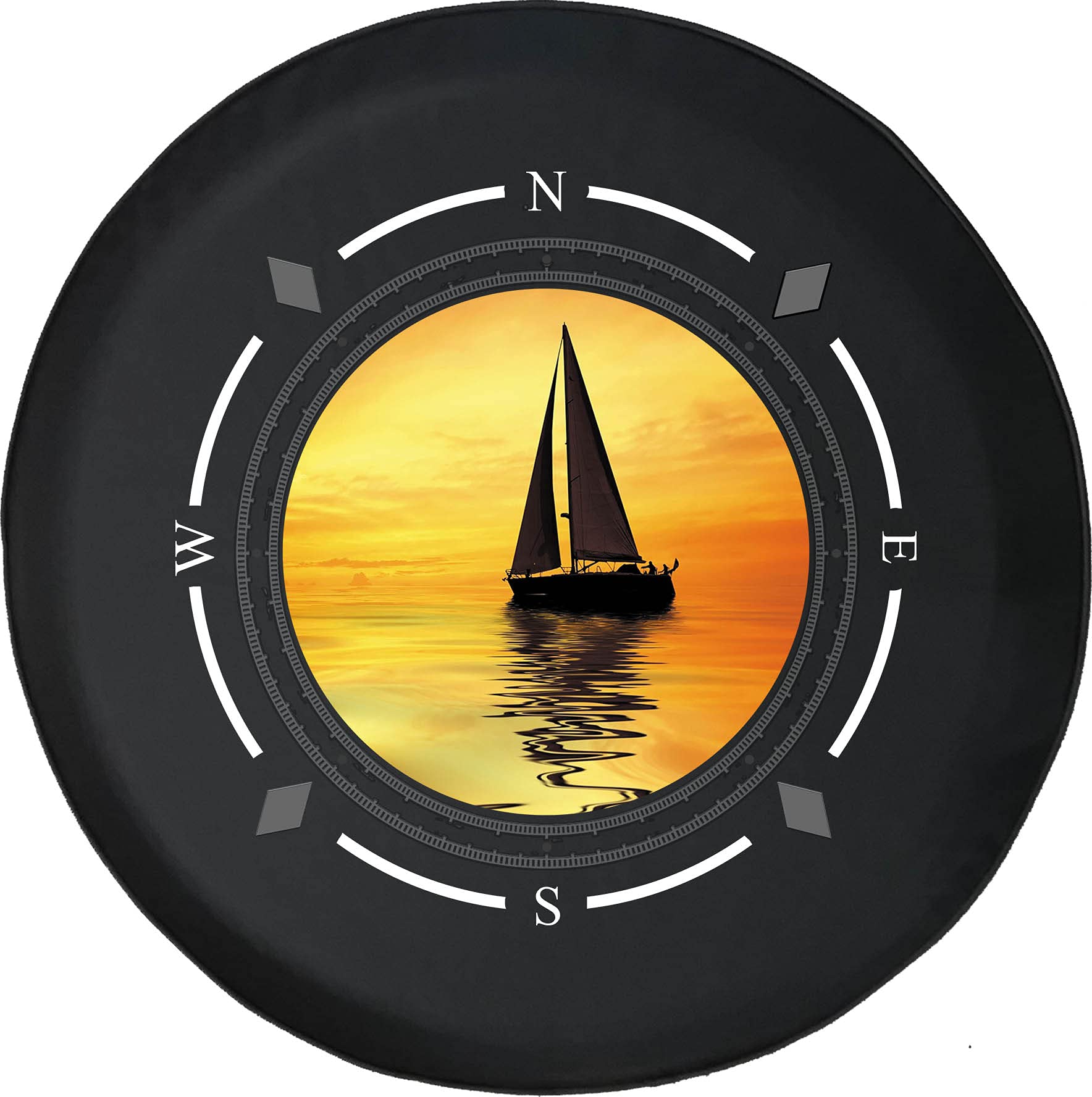 American Unlimited Spare Tire Cover with Compass & Sailboat Sunset Design - Universal Fit for SUV, Trailer, RV & Most Vehicles - Perfect for Road Trips & Outdoor Adventures