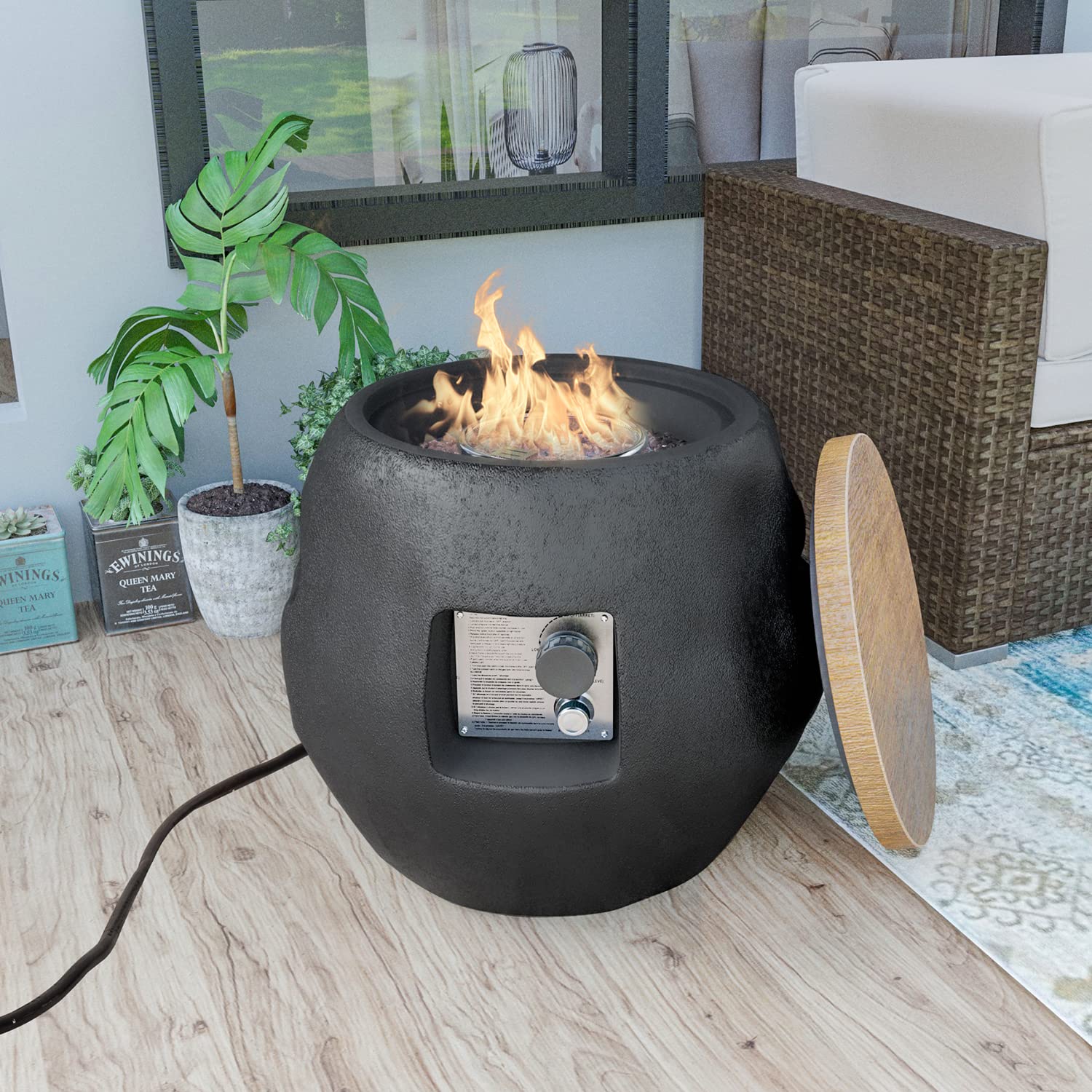 Modern Jar Shaped Propane Fire Pit Table - 40,000 BTU 2-in-1 Outdoor Gas Fire Table with Lava Rocks & Rain Cover - Round Concrete Patio Heater for Garden, Backyard, Deck & Poolside Gatherings