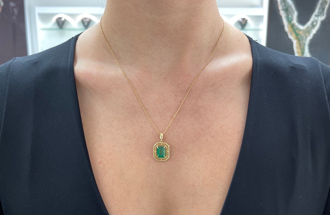 3.18ct 14K Gold Emerald Cut Solitaire Pendant - Modern Geometric Dark Green Emerald Prong Necklace for Women, Elegant Gift for Anniversary, Birthday & Special Occasions