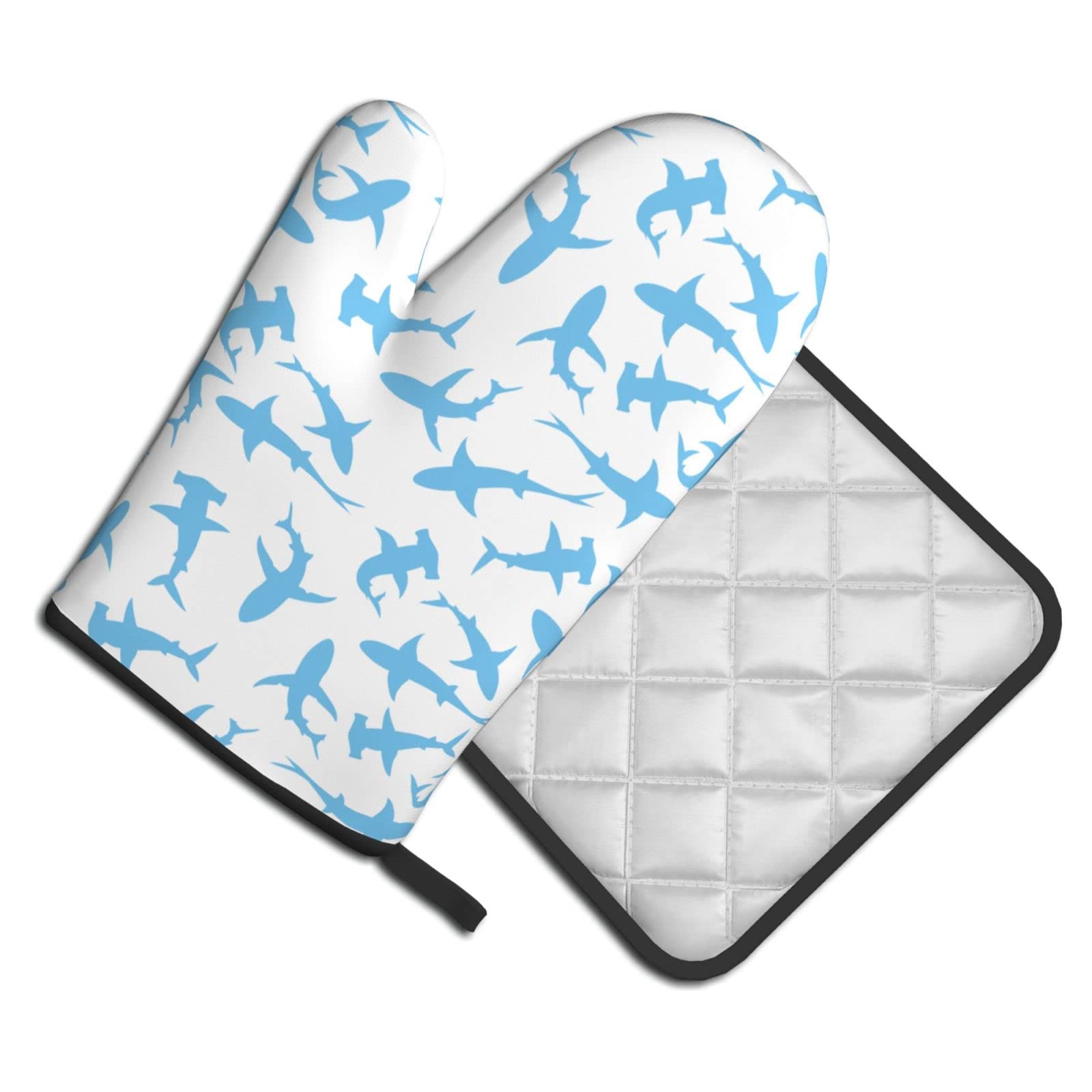 Blue Shark Oven Mitts & Pot Holders Set - Heat Resistant Kitchen Gloves (500°F) for Baking, Cooking, BBQ - Non-Slip Silicone Hot Pads for Grilling, Roasting & Food Handling