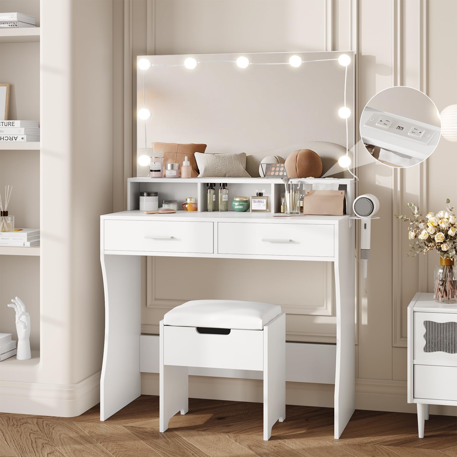 Vabches Makeup Vanity with Lighted Mirror & Power Outlet, White Vanity Set with 3 Adjustable Lighting Colors, Brightness Control, 31.5 Inch Wide Makeup Desk - Perfect for Bedroom, Dressing Room & Beauty Salon
