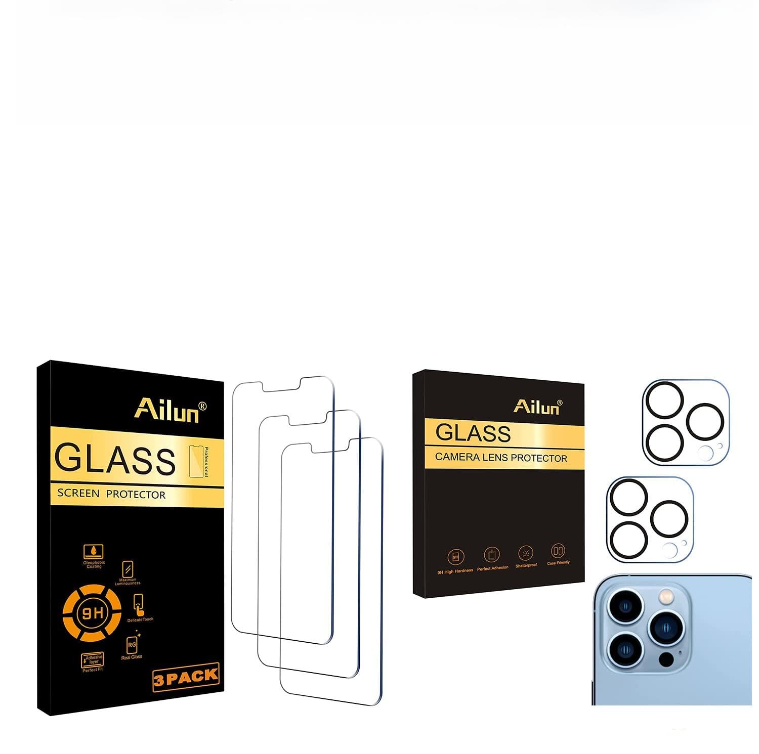 Ailun 3-Pack Tempered Glass Screen Protector for iPhone 16e/14/13/13 Pro (6.1 Inch) & Camera Lens Protector for iPhone 13 Pro/Pro Max (6.1