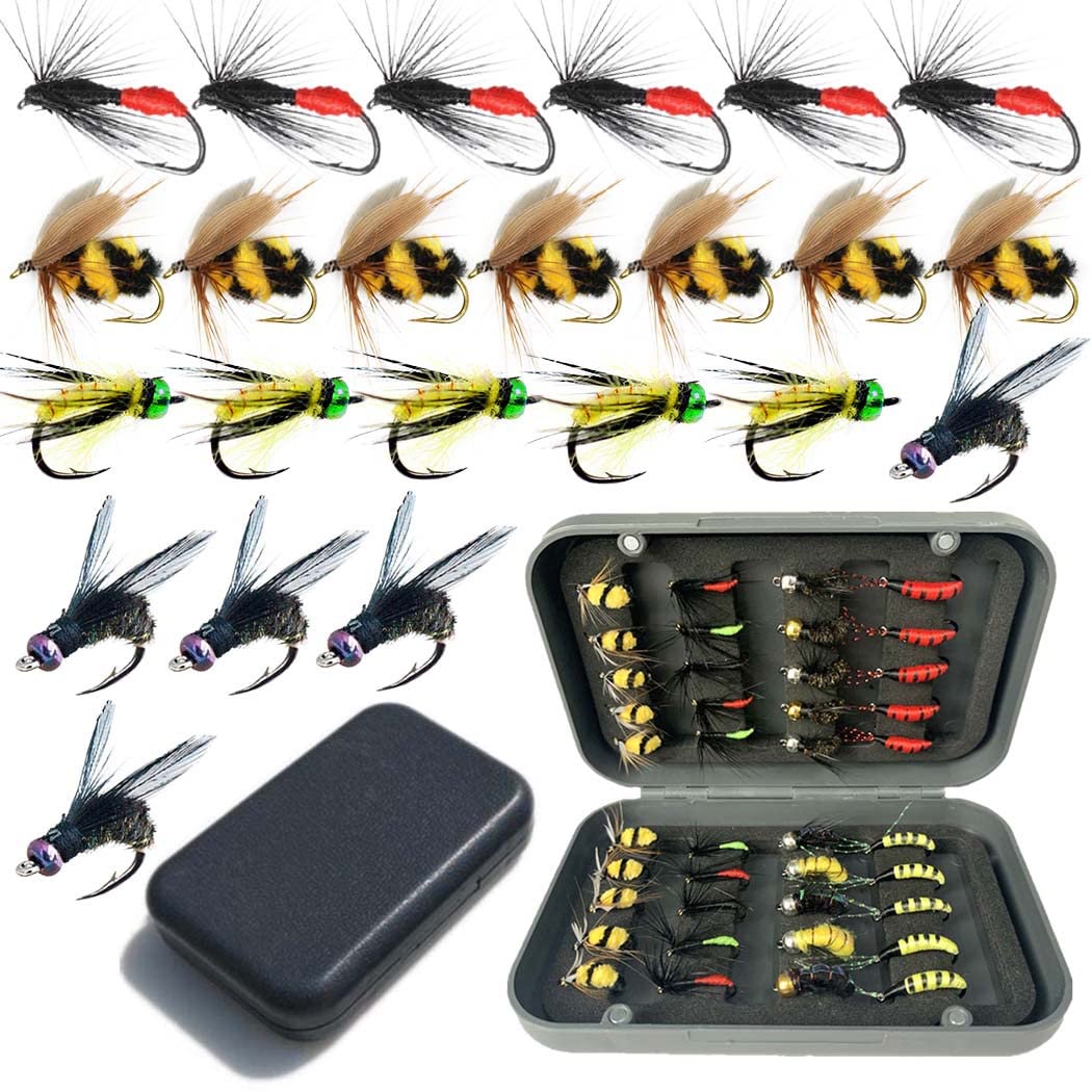 **40/72/102pcs Fly Fishing Flies Assortment Kit - Dry/Wet Bass Flies, Streamers & Nymphs for Trout, Salmon & Bass - Premium Fly Box Included - Perfect for Freshwater & Saltwater Fishing**