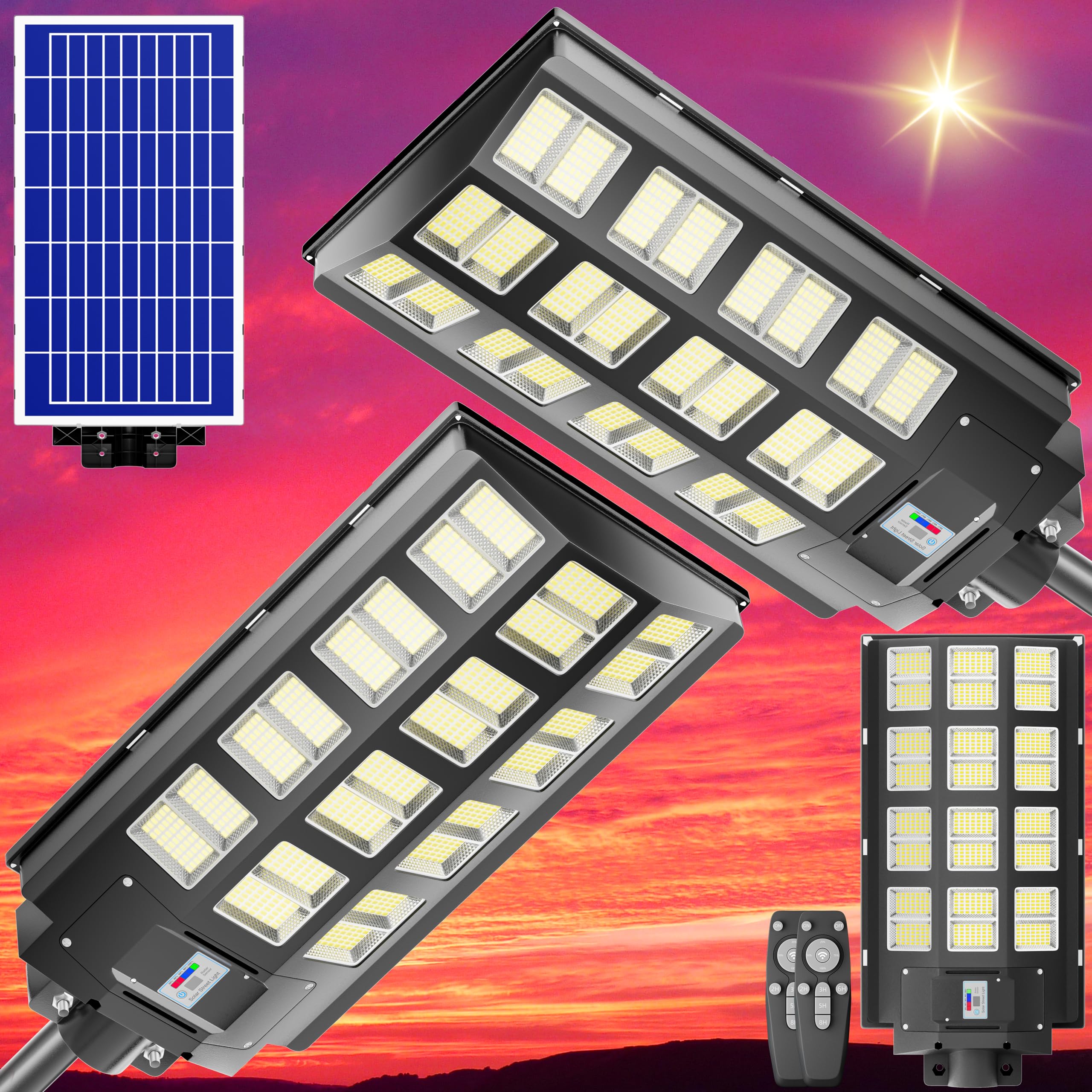 3200W Solar Street Lights Outdoor - 240,000 Lumens Waterproof IP66 with Remote Control & Motion Sensor - Dusk to Dawn Solar Flood Lights for Garden, Yard, Pathway, Parking Lot (2-Pack) - Perfect for Home Security & Energy-Efficient Outdoor Lighting