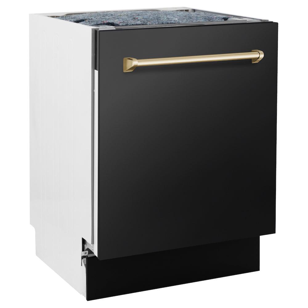 ZLINE Autograph Edition 36-inch Black Stainless Steel Dual Fuel Range with Range Hood & Dishwasher - Professional Kitchen Package with Polished Gold Accents (3AKP RABRHDWV36 G) | Perfect for Gourmet Cooking & Luxury Home Renovations