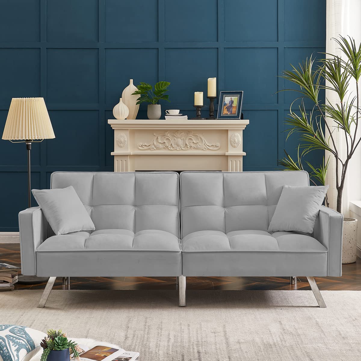 Modern Velvet Loveseat Sofa Bed with Armrests & 2 Pillows - Convertible Couch for Small Spaces, Living Room, Bedroom & Studio Apartments (Light Gray) - Perfect for Lounging, Napping & Guest Accommodations