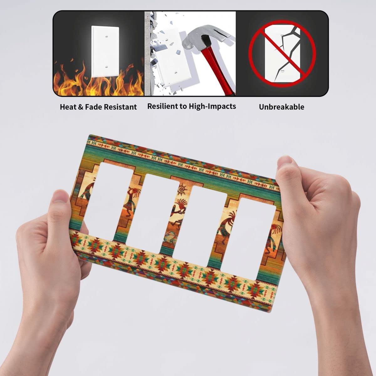 Southwest Native American Kokopelli 4-Gang Rocker Light Switch Cover - Decorative Quad Wall Plate for Home & Office - 4.5