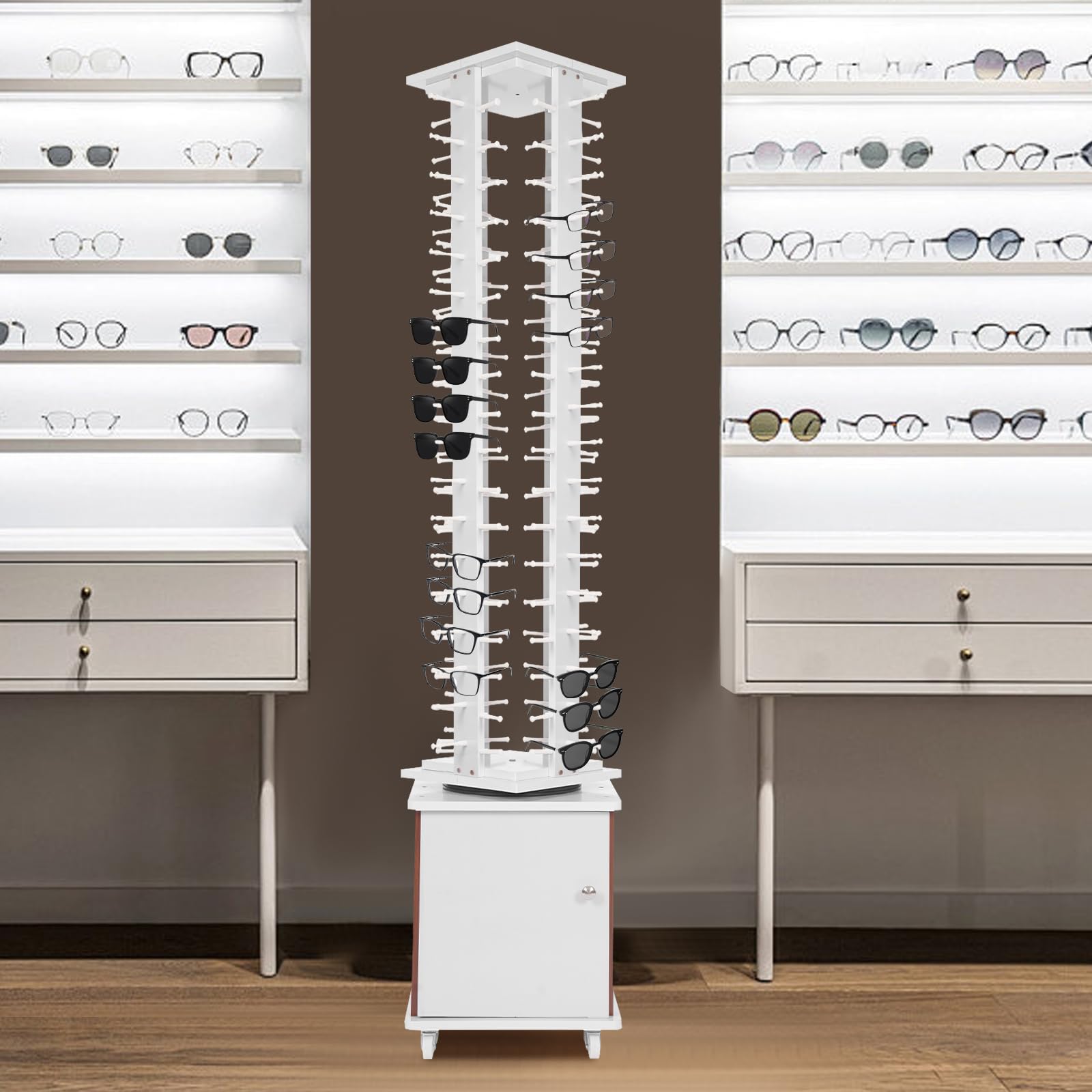 72 Pairs Sunglass Display Stand - 360° Rotating Glasses Holder Rack with Rolling Storage Cabinet - Freestanding Sunglasses Organizer for Retail Stores, Boutiques & Eyewear Shops (White) - Perfect for Eyewear Display, Organization & Customer Browsing