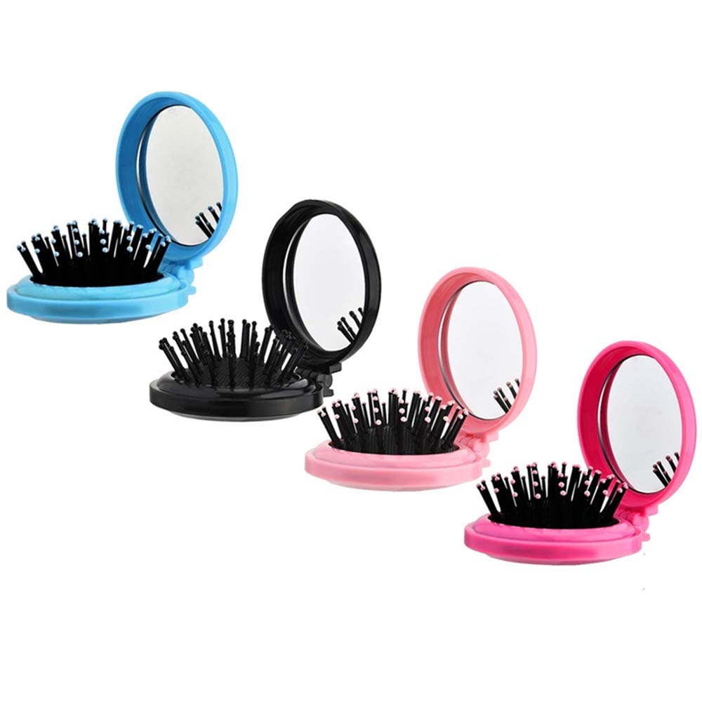 4 Pack Folding Travel Hair Brush with Mirror - Mini Round Pocket Hair Comb for Women & Girls, Compact Hair Massage Comb for On-the-Go, Gym, Purse & Travel Essentials (Black)