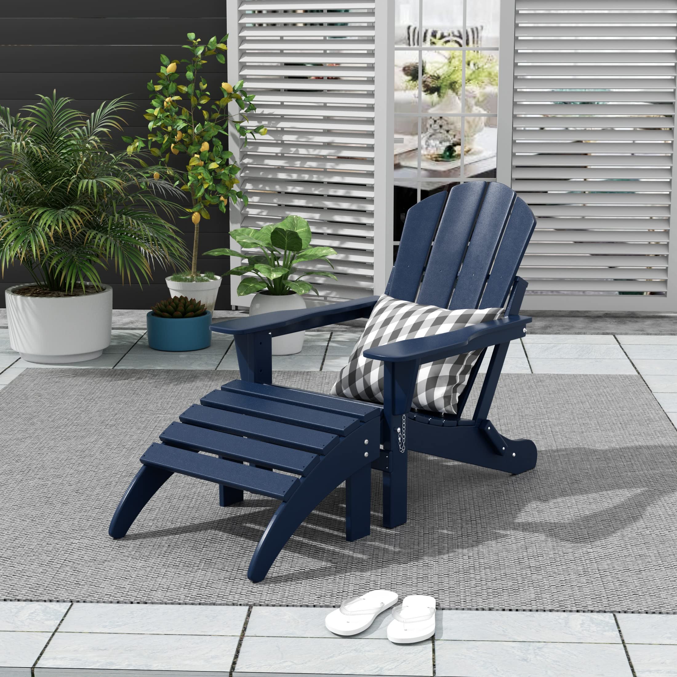 Premium WO Home Adirondack Chair & Ottoman Set - 2-Piece Classic Outdoor Patio Furniture in Navy Blue - Perfect for Backyard, Garden, Poolside & Deck Relaxation