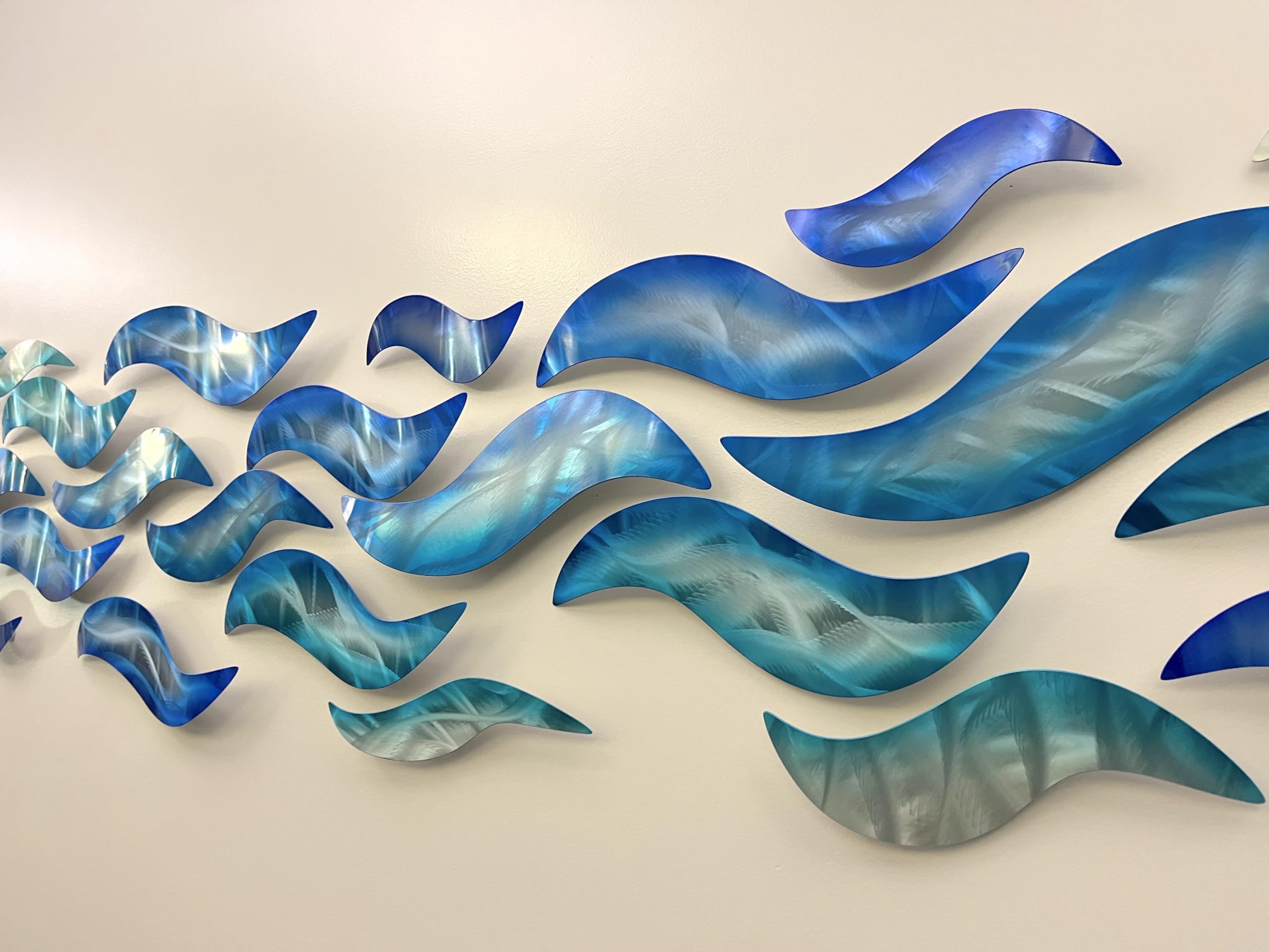 Modern Abstract Large Metal Wall Art Sculpture - Blue & Silver Rip Tide Metal Panel Painting for Living Room, Bedroom & Office Decor