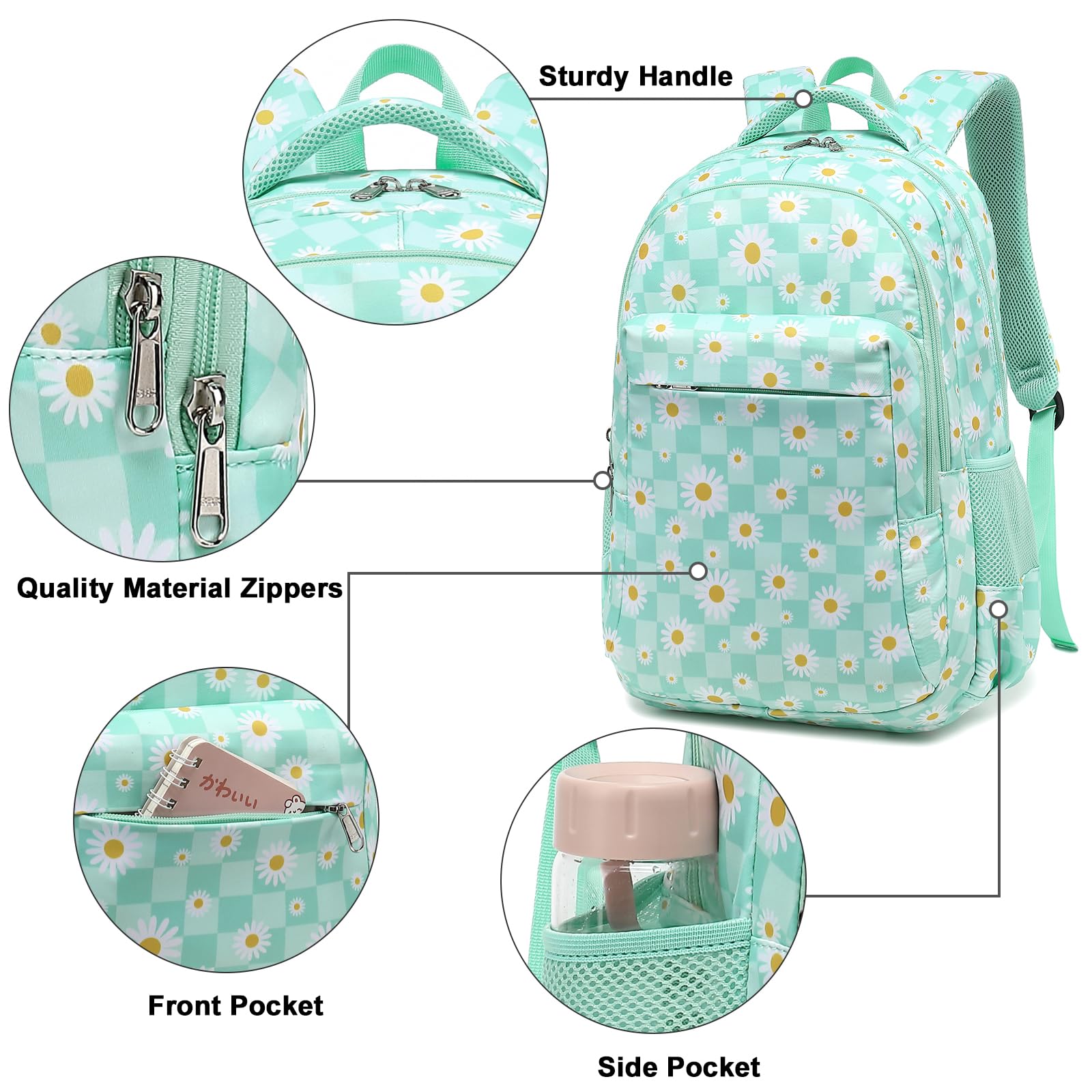 Stylish 15.6 Inch Laptop Backpack for Teen Girls & Women - Durable School Bookbag with USB Charging Port, Water-Resistant Travel Daypack (White Daisy Green) - Perfect for High School, College, Commuting & Weekend Getaways