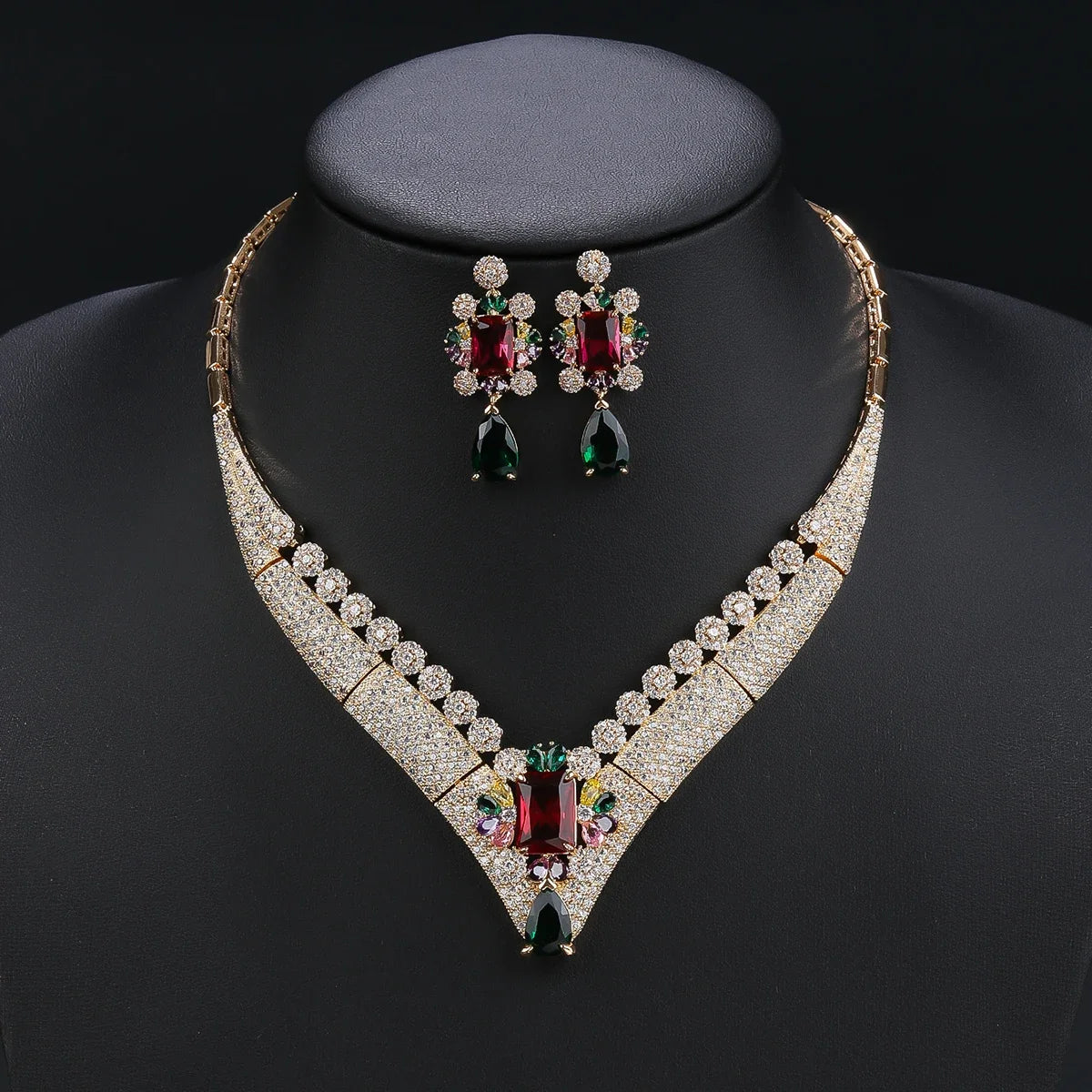 Luxury 2-Piece White, Red, Green Necklace & Earrings Set - Cubic Zirconia Women's Jewelry for Wedding, Party & Special Occasions - CN11227 | Perfect for Bridal Accessories, Anniversary Gifts & Evening Events