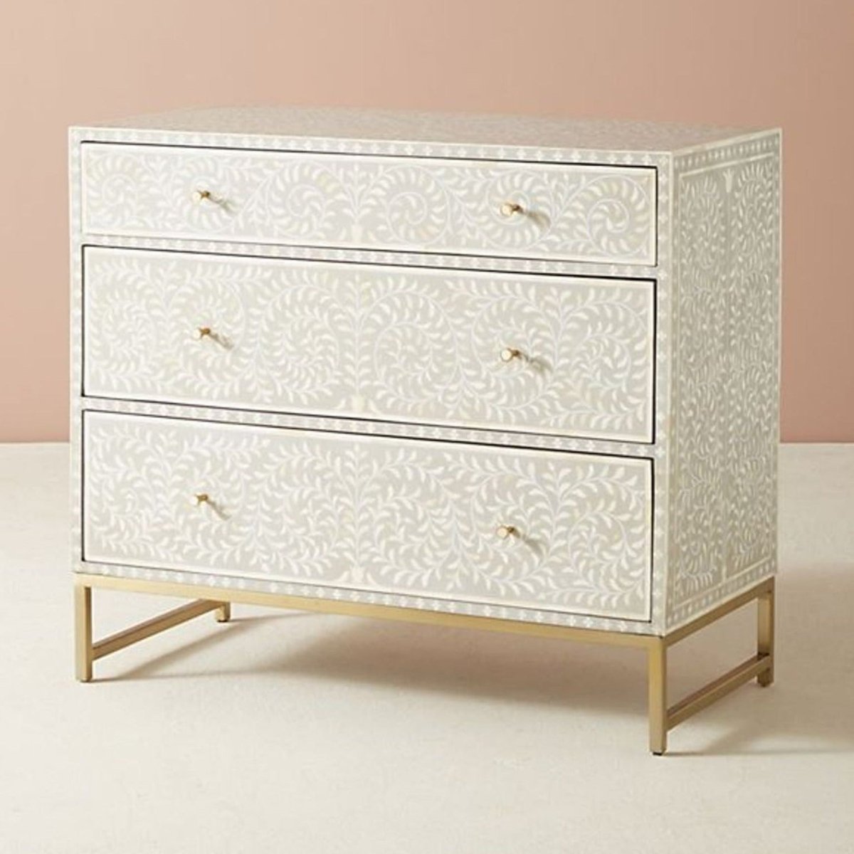 Handmade Bone Inlay Floral Design Grey Three-Drawer Dresser - Perfect for Bedroom, Living Room, or Guest Room Storage