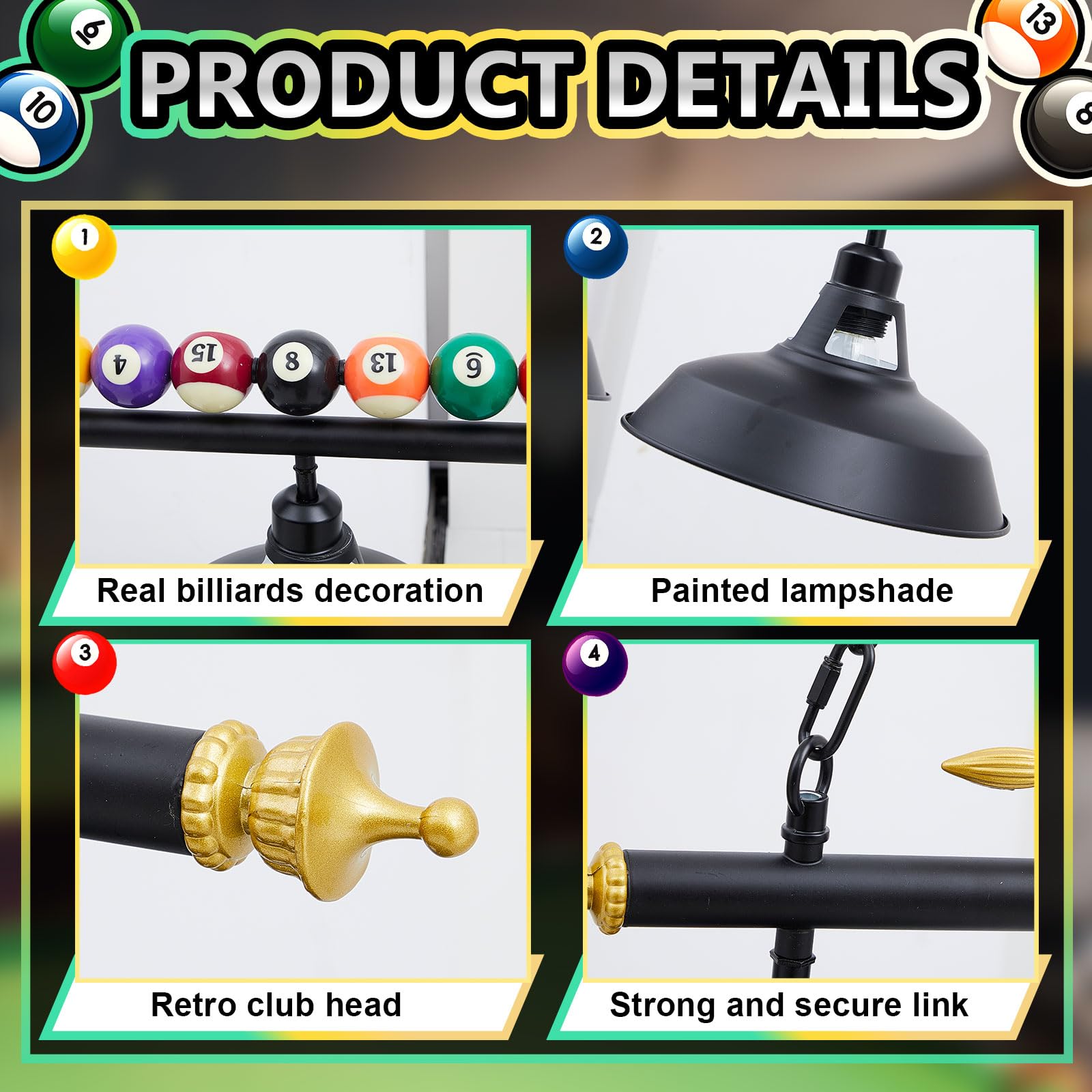 Adjustable Hanging Pool Table Lights for 7-8 Foot Billiards - 3-Light Fixture with Metal Shades, Game Room Lighting, Basement, Man Cave, and Bar Decor (Bulbs Not Included)