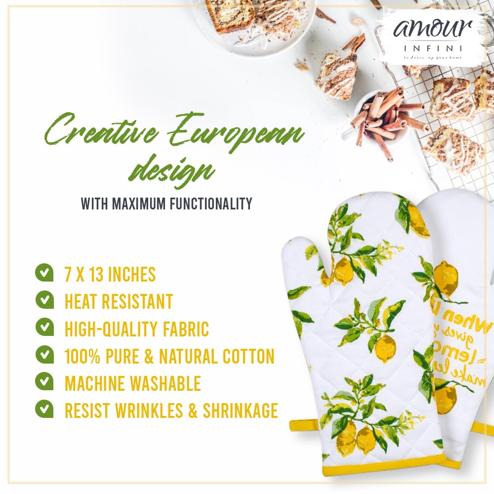 AMOUR INFINI 5-Piece Heat Resistant Cotton Kitchen Set - Pot Holders, Oven Mitt & Kitchen Towel for Cooking, Baking & Grilling | Perfect Gift for Home Chefs | Citrus Splash Design | Ideal for Holiday Cooking, BBQ Parties & Kitchen Decor
